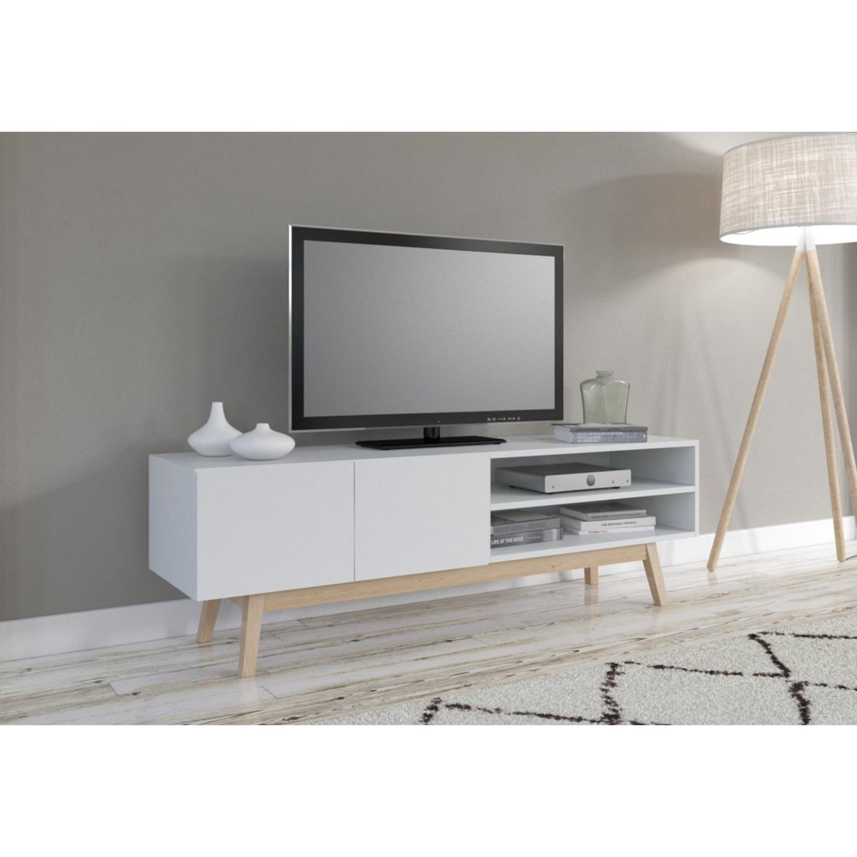 Meuble TV scandinave SNOW L160cm, piètement bois massif