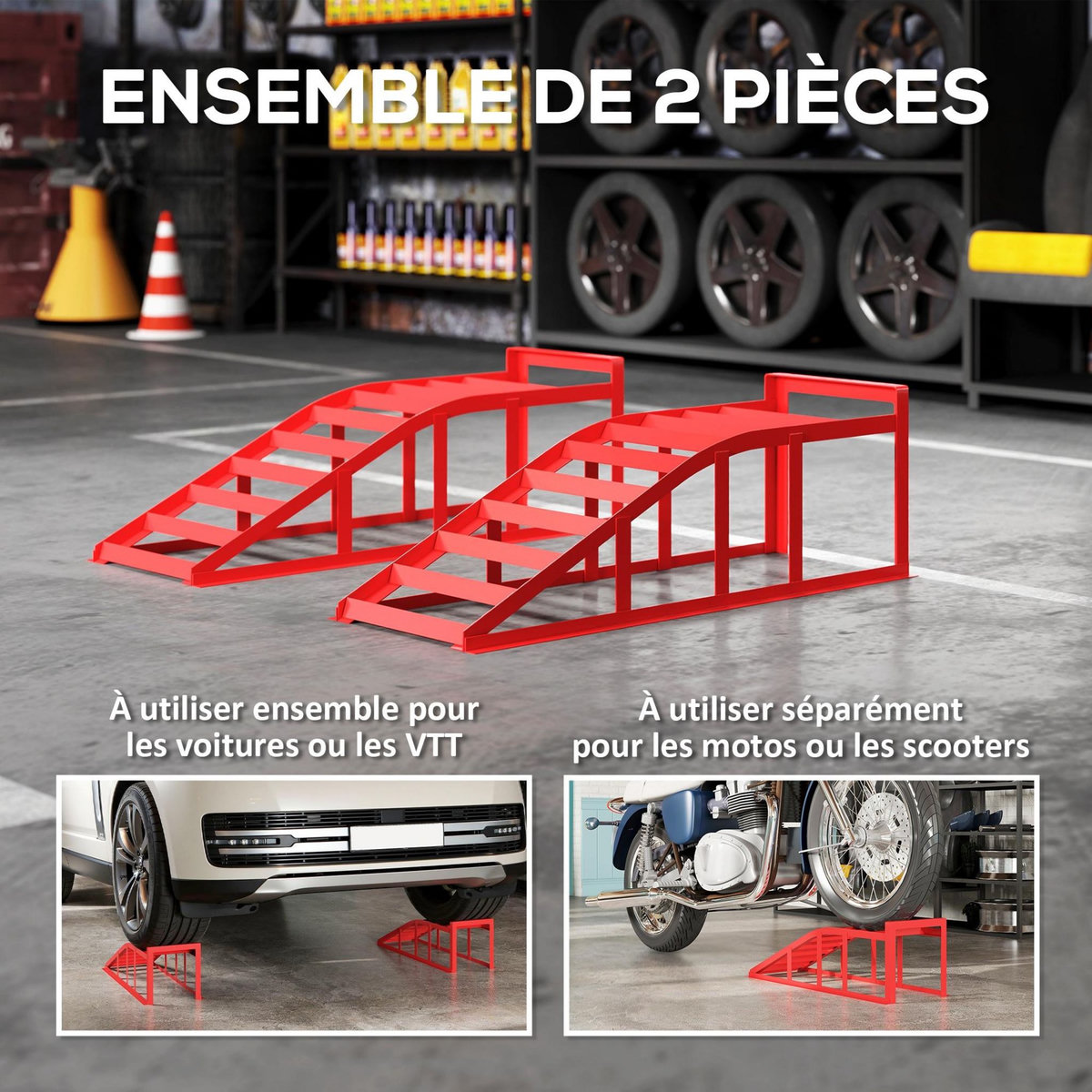 HOMCOM Lot de 2 rampes de levage pour voiture en acier - 1T levée max. 220 mm - rouge