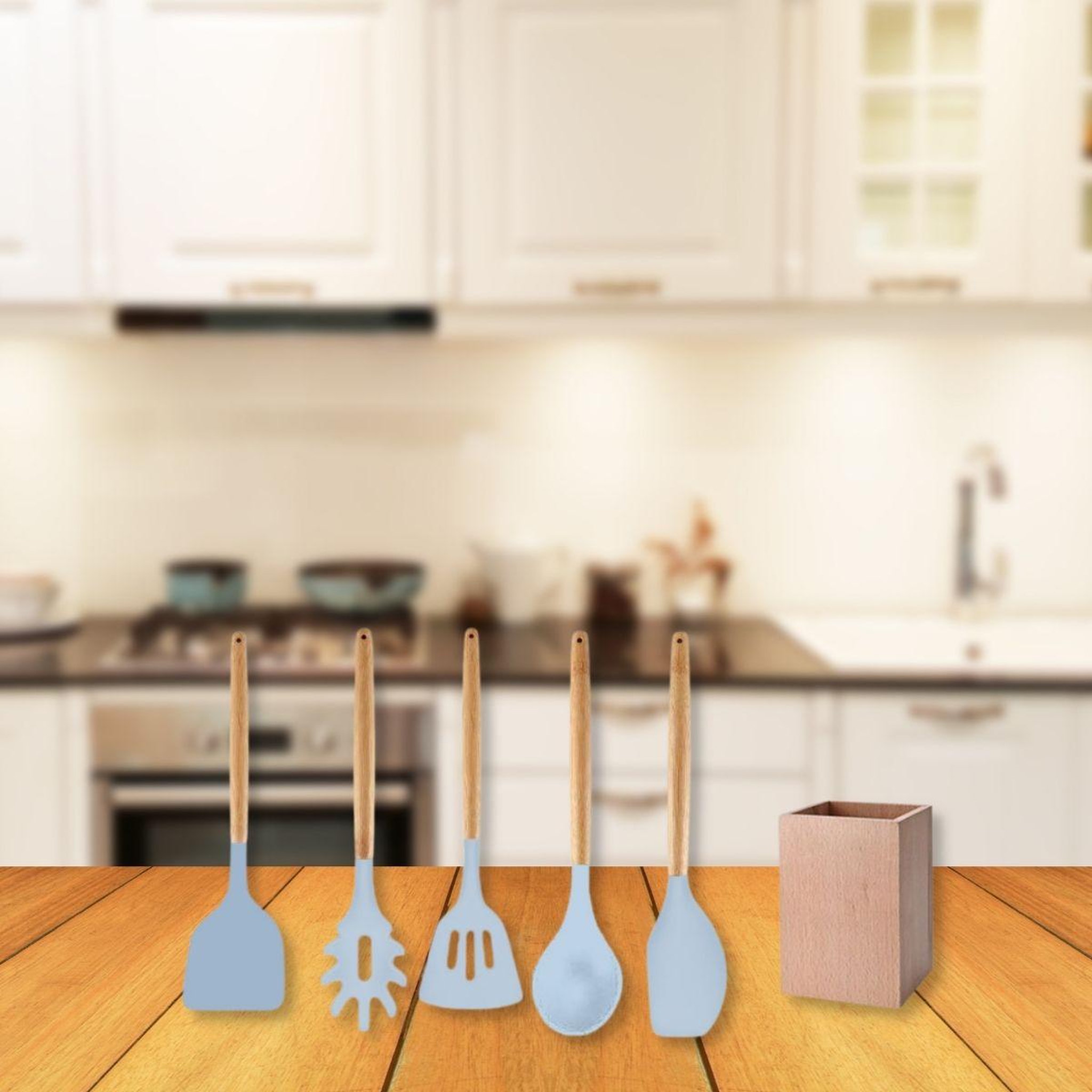 Voir la diapositive 2 : Fackelmann Set d'ustensiles de cuisine en bois avec pot de rangement 32 cm fackelmann