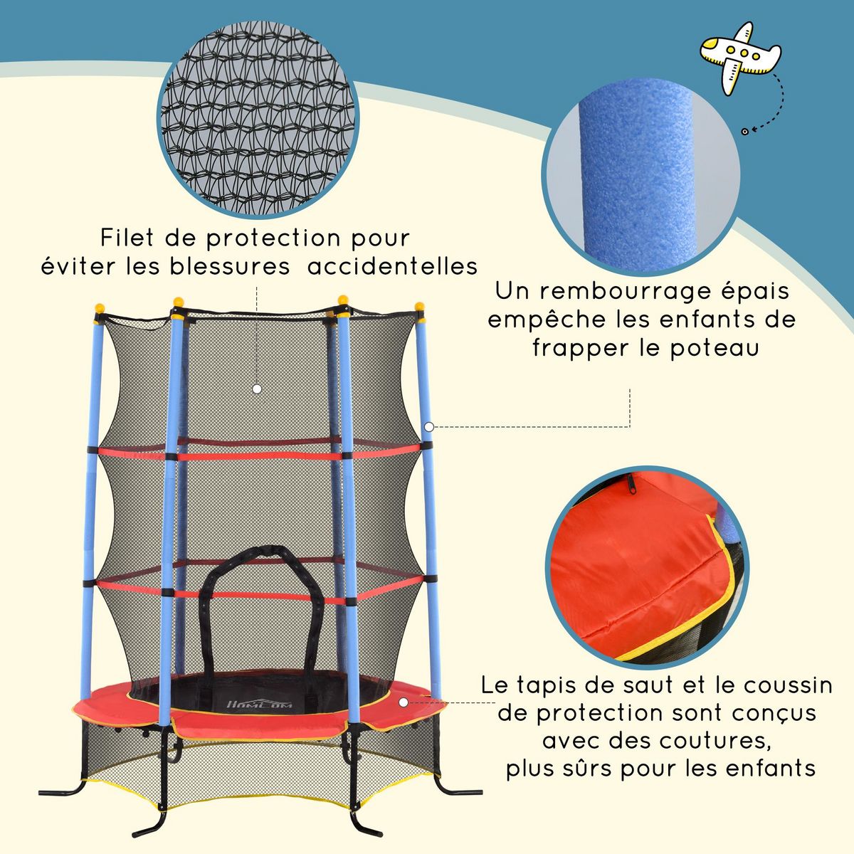 HOMCOM Trampoline de jardin enfant Ø 1,75 x 1,90H m filet de sécurité porte zipée couvre-ressorts + 6 poteaux rembourrés inclus rouge bleu noir
