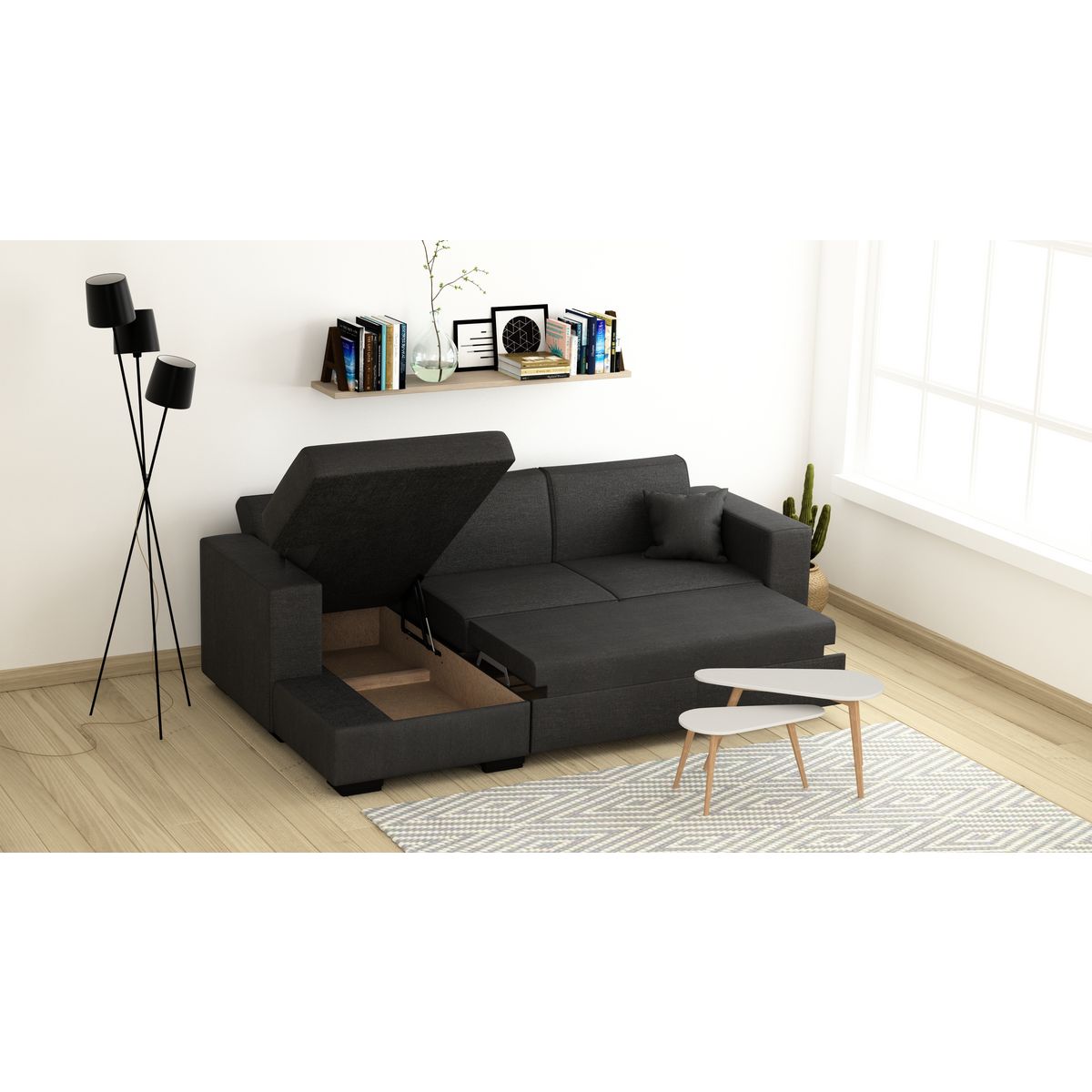 Canapé d'angle gauche convertible  4 places avec coffre tissu CARIBEA
