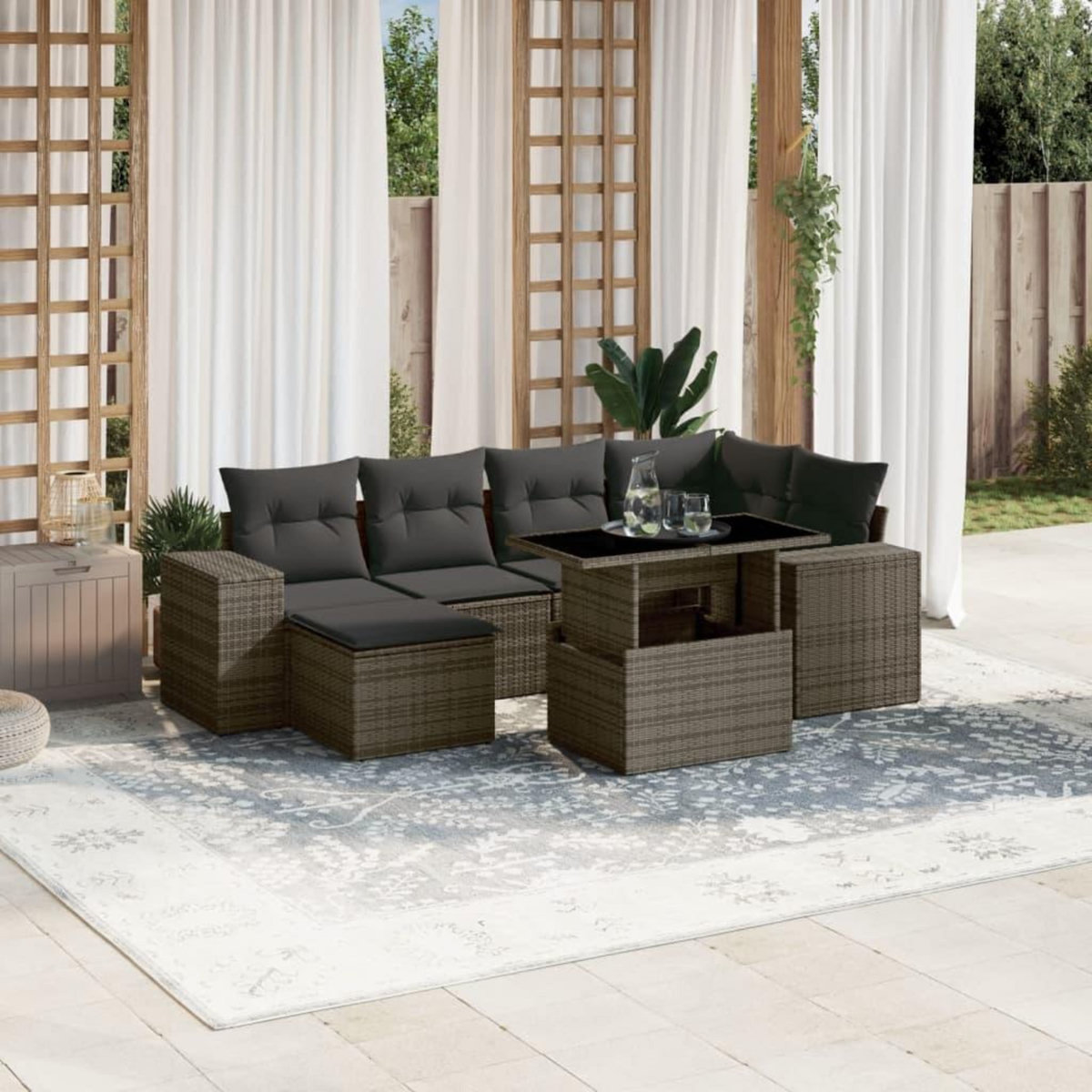 VIDAXL Salon de jardin avec coussins 7 pcs gris resine tressee