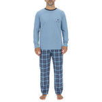 PIERRE CARDIN Ensemble Pyjama long homme en popeline à carreaux et Logo poitrine. Coloris disponibles : Bleu