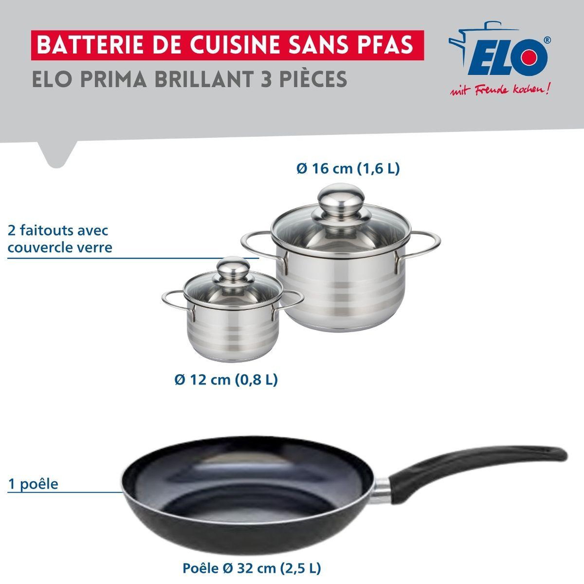 Voir la diapositive 2 : ELO Ensemble de 1 poêle de cuisson 32 cm et 2 faitouts 12 et 16 cm elo prima brillant