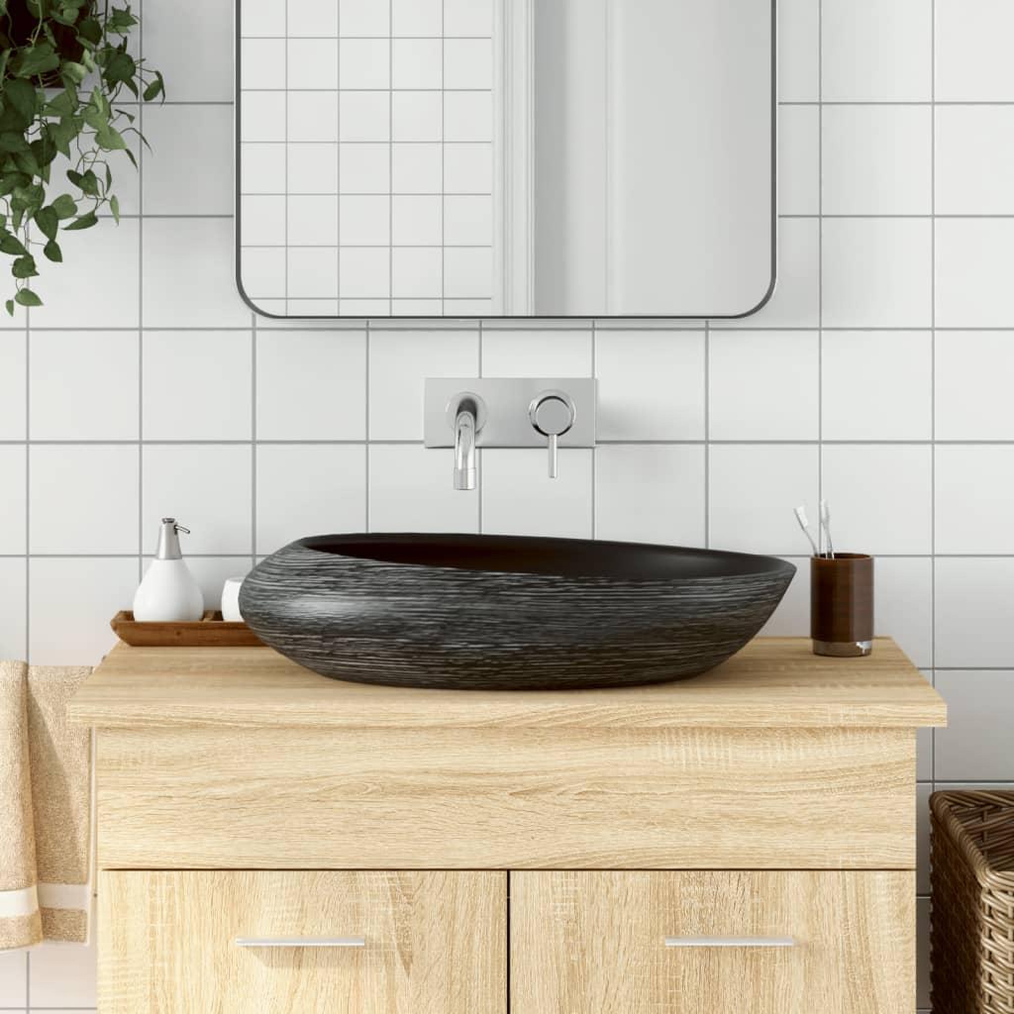 VIDAXL Vasque a poser gris et noir ovale 59x40x14 cm ceramique