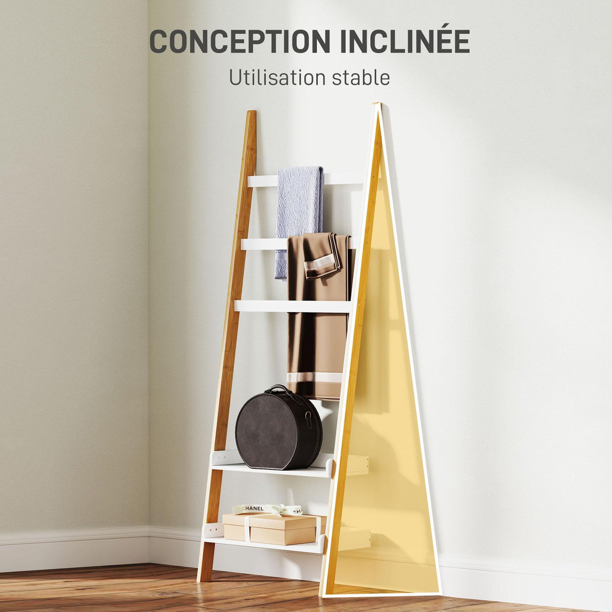 HOMCOM Étagère échelle porte-serviette style cosy chic bambou - 2 étagères 3 barres - MDF blanc