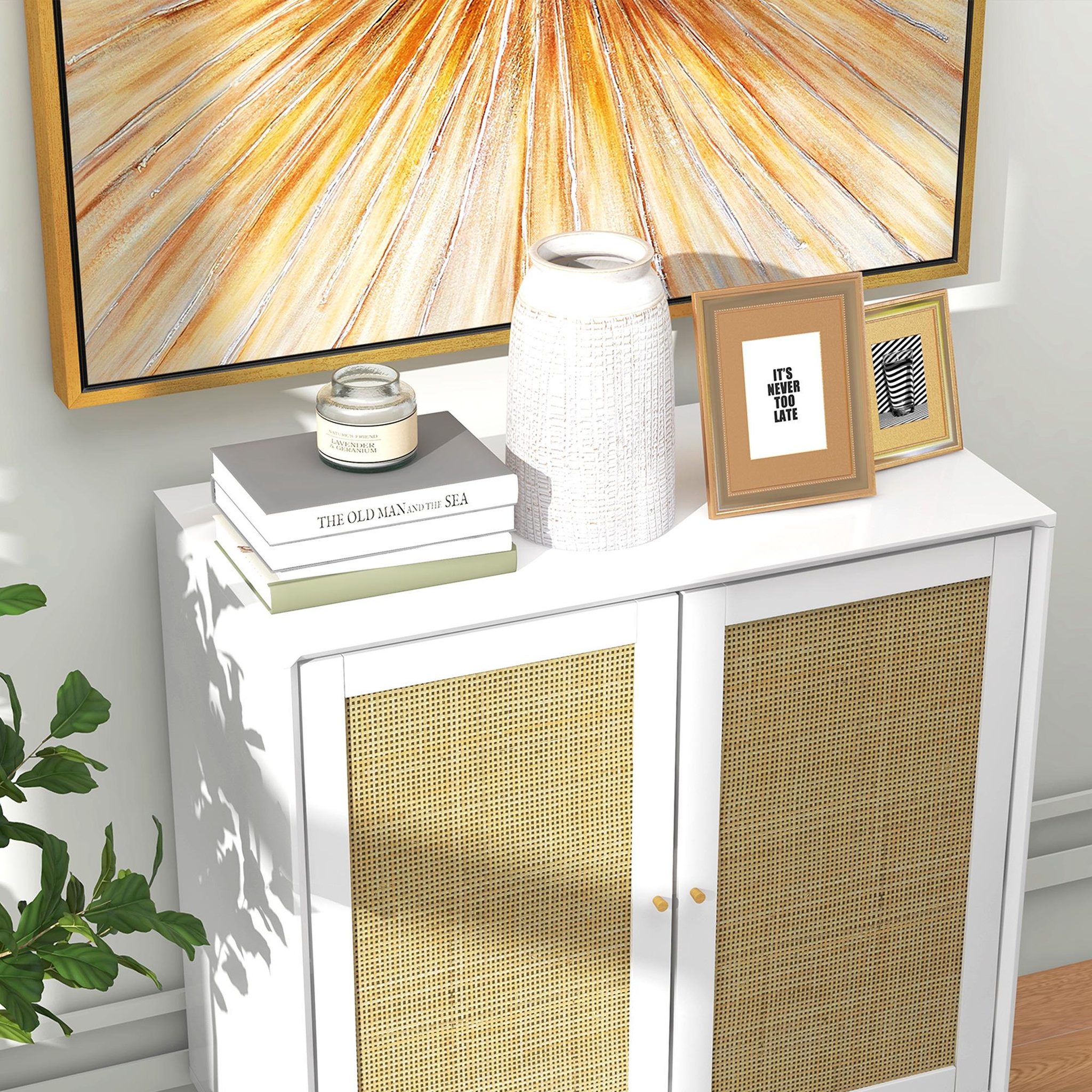 Voir la diapositive 5 : HOMCOM Buffet 2 portes étagère réglable style bohème chic cannage en rotin panneaux MDF blanc