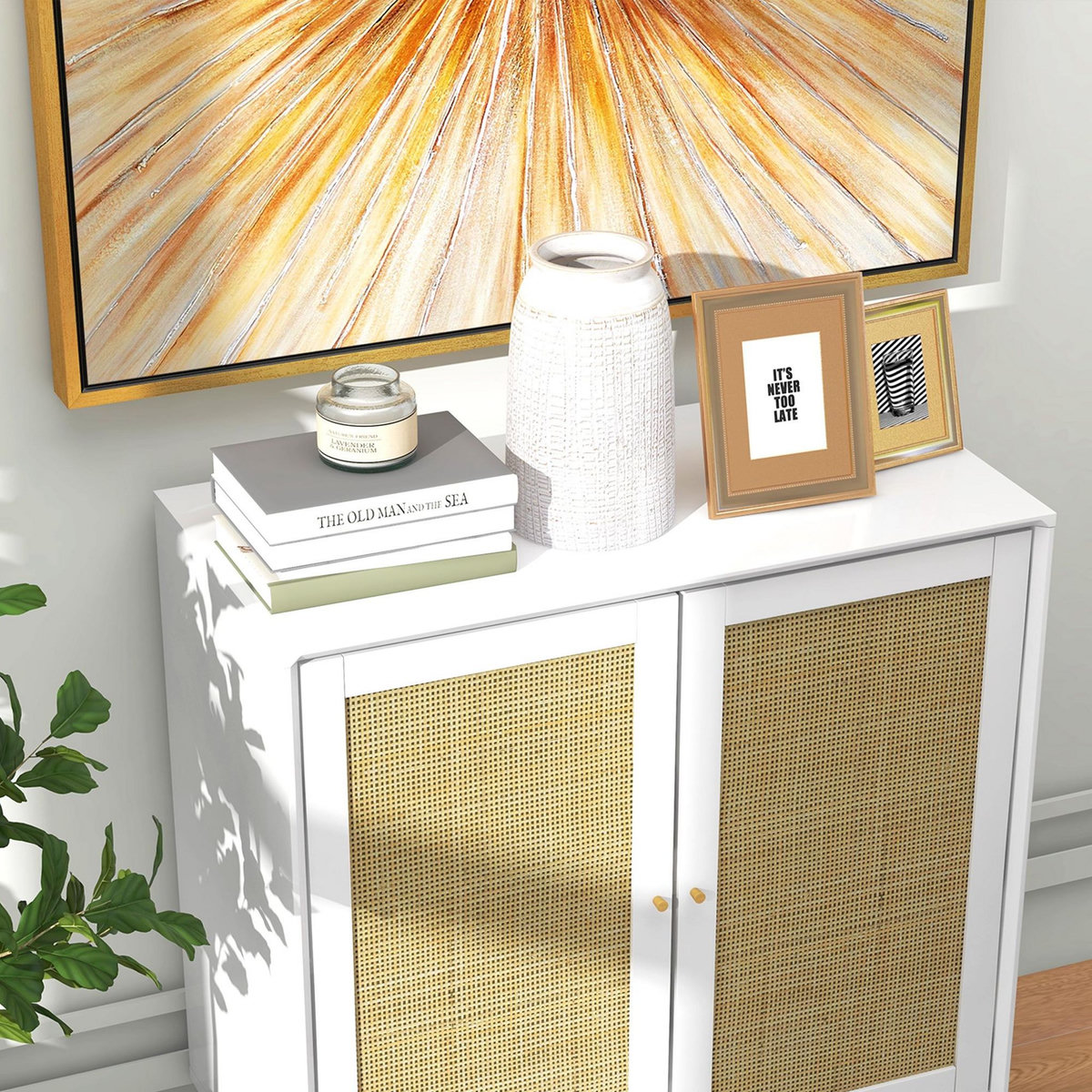 HOMCOM Buffet 2 portes étagère réglable style bohème chic cannage en rotin panneaux MDF blanc