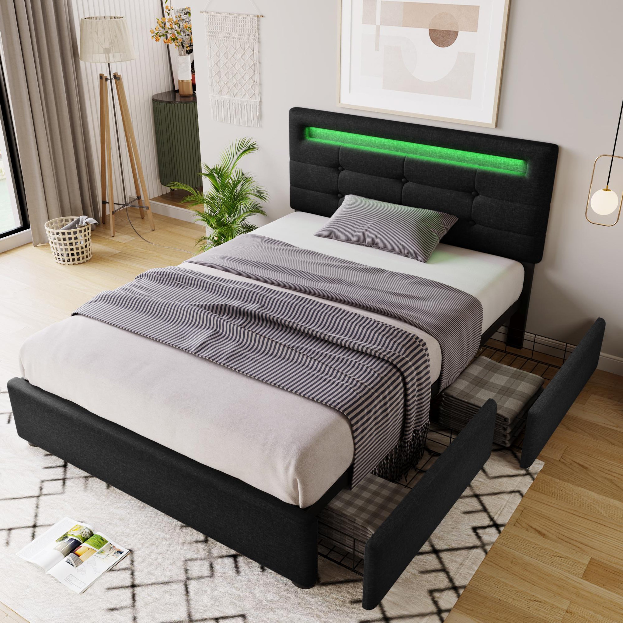 Voir la diapositive 2 : MERAX Lit avec tiroirs et LED Lin