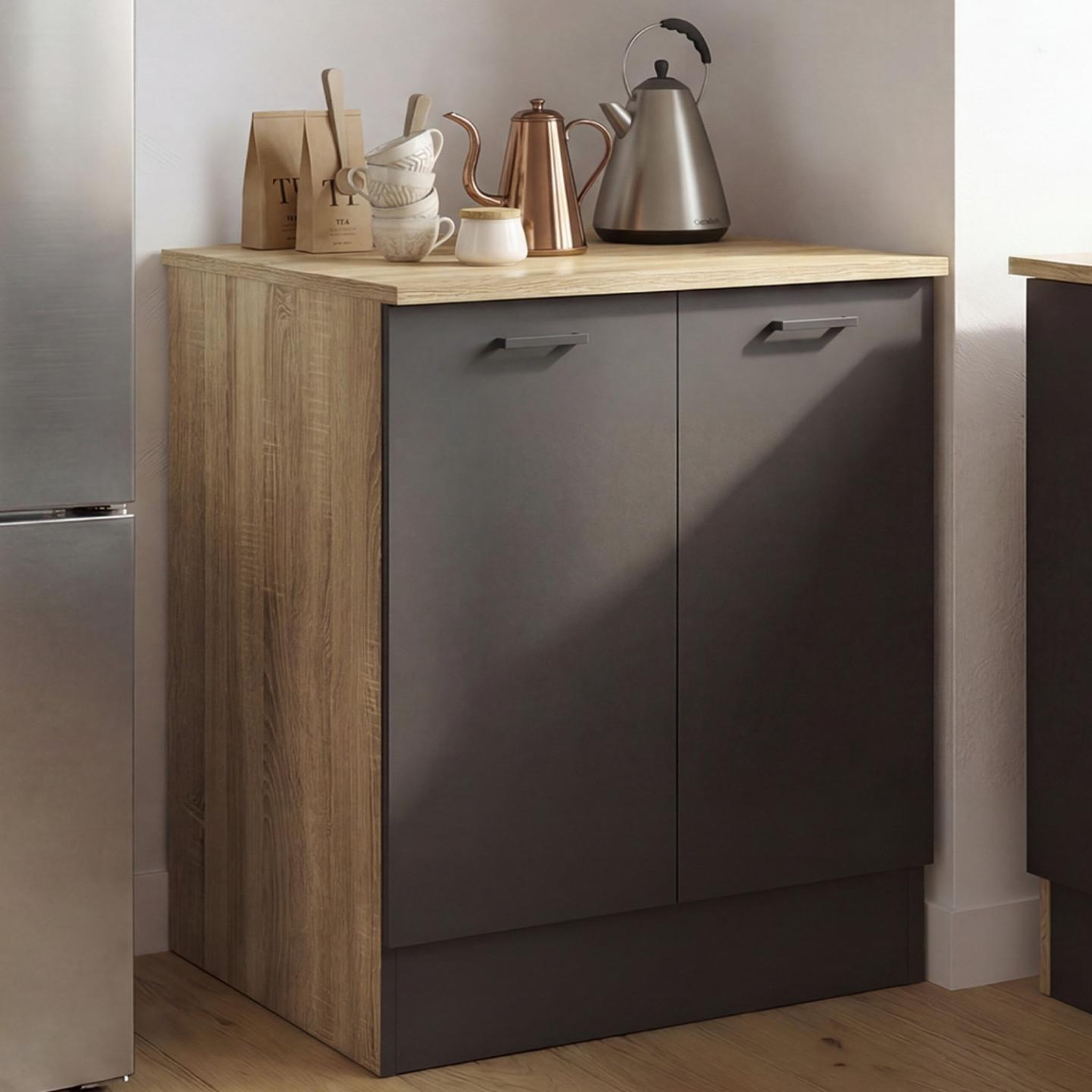 Voir la diapositive 2 : ID MARKET Meuble bas de cuisine 80 cm stil appoint 2 portes bois et noir