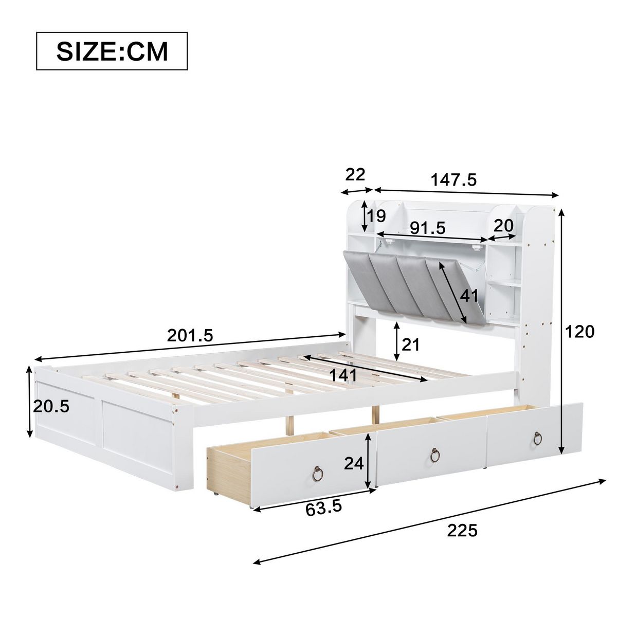 MERAX Lit avec rangement 140x200cm bois et mdf coloris blanc
