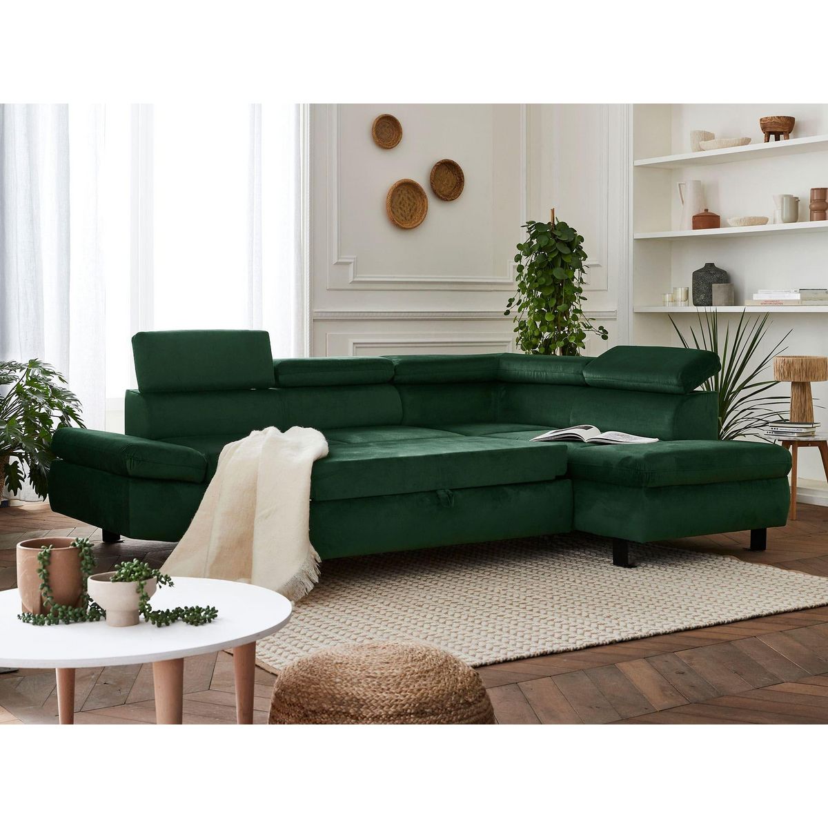 LISA DESIGN Nairobi - canapé d'angle convertible - en velours - 5 places - avec têtières - droit