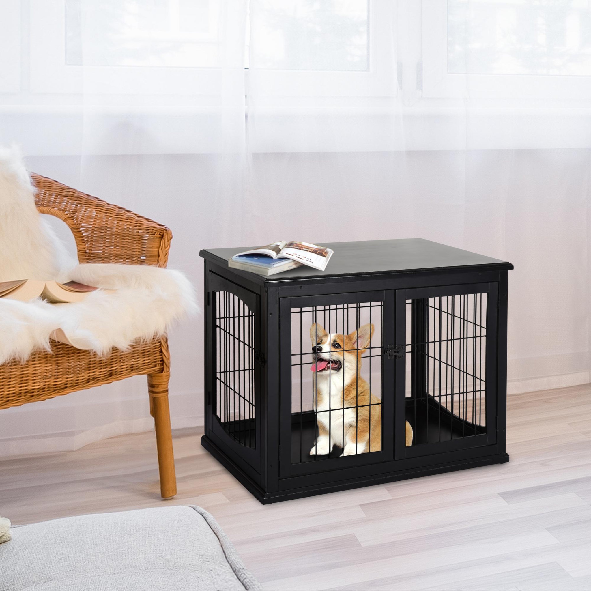 Voir la diapositive 2 : PAWHUT Cage pour chien animaux cage en bois mdf classe e1 3 portes verrouillables max. 30 kg dim. 81l x 58l x 66h cm noir