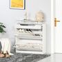 Voir la diapositive 4 : HOMCOM Armoire à chaussures avec 2 tiroirs rabattables + 1 tiroir coulissant + 1 comptoir et 1 plateau en verre étagère réglable sur 2 niveaux 89 x 23 x 96 cm blanc