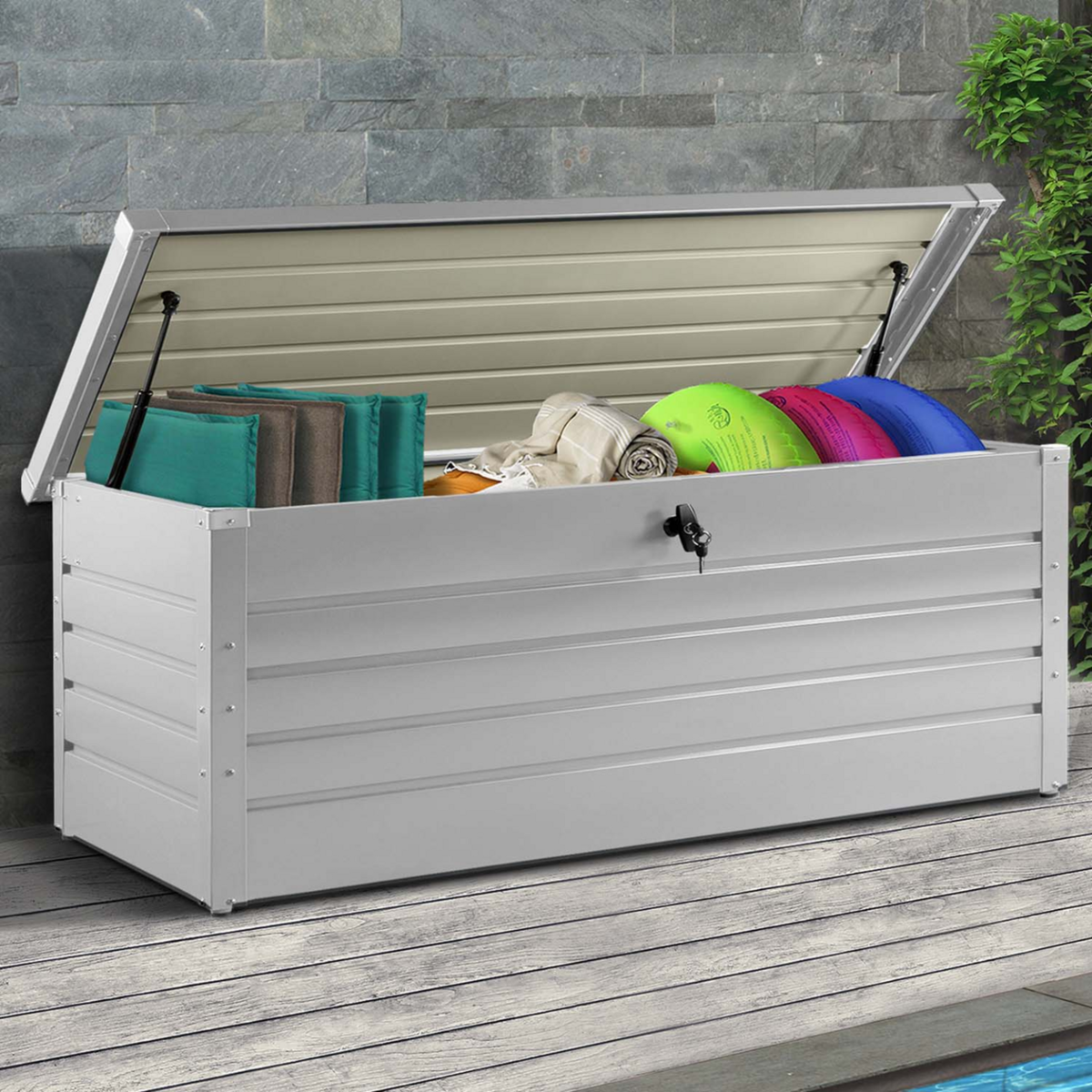 ID MARKET Coffre de rangement métal verrouillable gris clair pour jardin 600L 165x70x63 cm