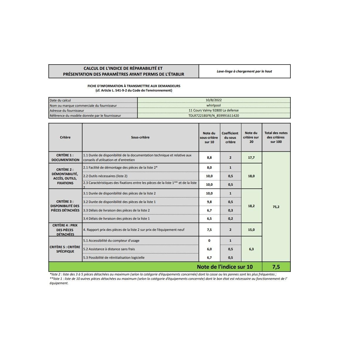 Whirlpool Lave-linge top 7kg 1200 tours/min - tdlr7221bsfrn