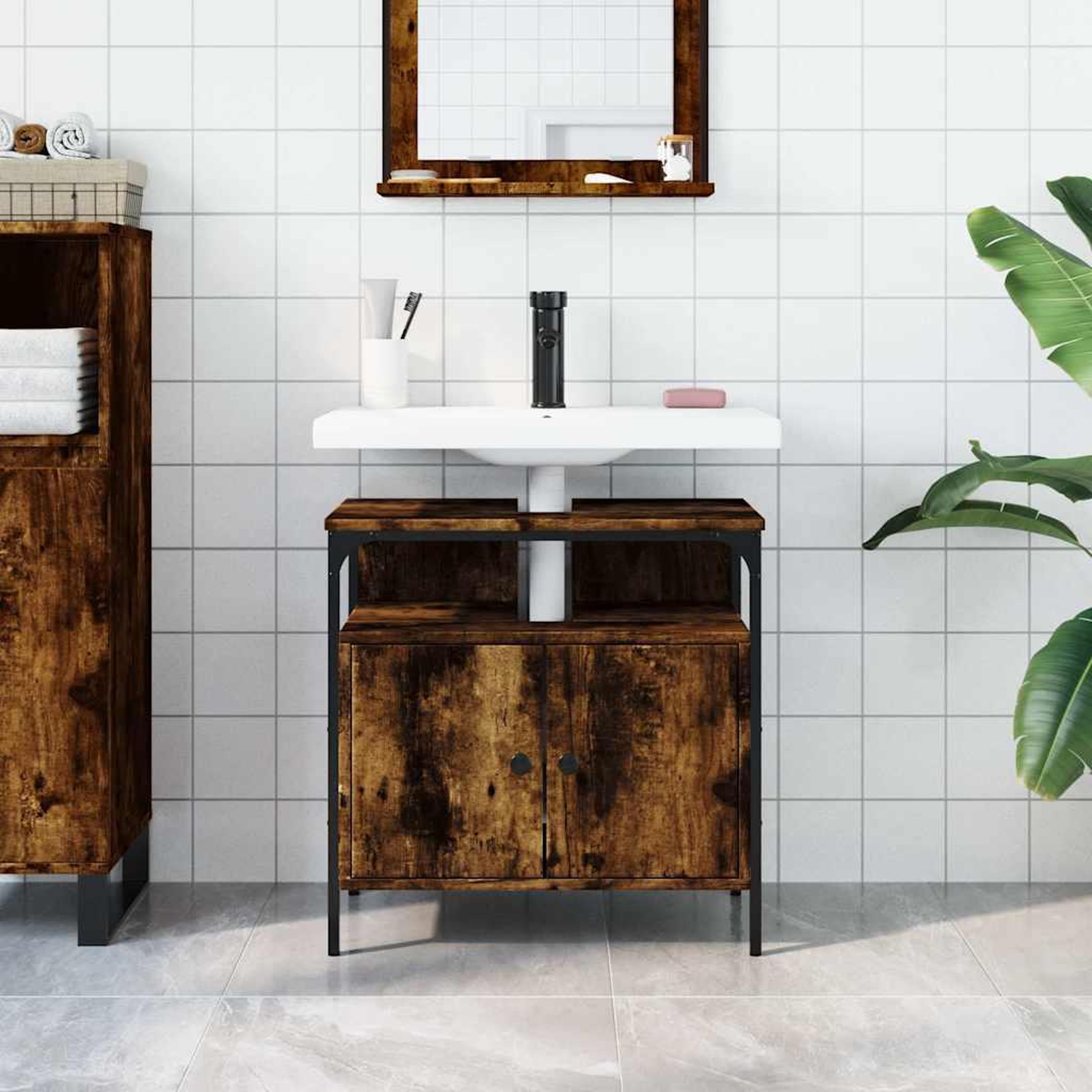Voir la diapositive 3 : VIDAXL Armoire lavabo de salle de bain chene fume 60x30x60 cm