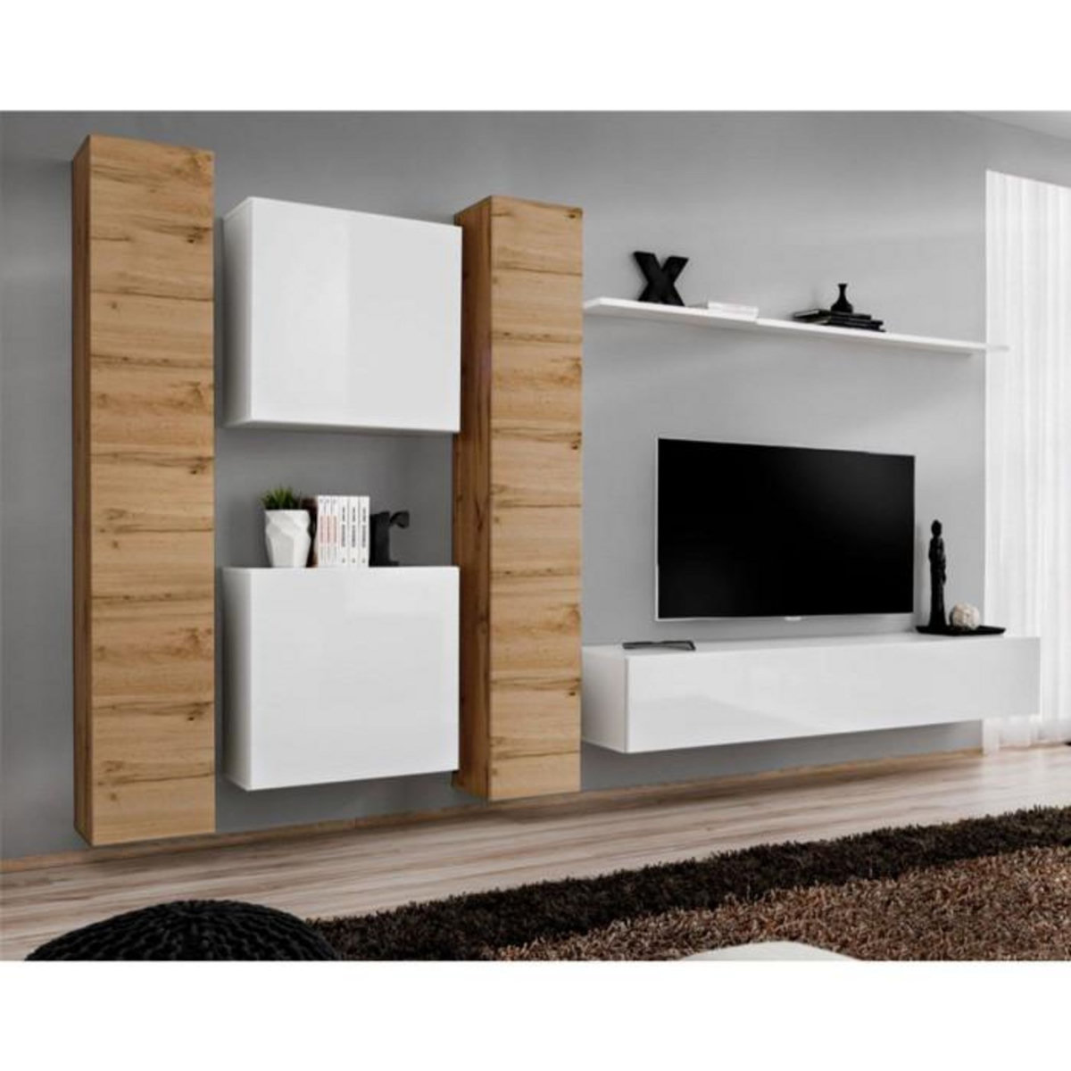 Paris Prix Meuble TV Mural Design  Switch VI  330cm Naturel & Blanc