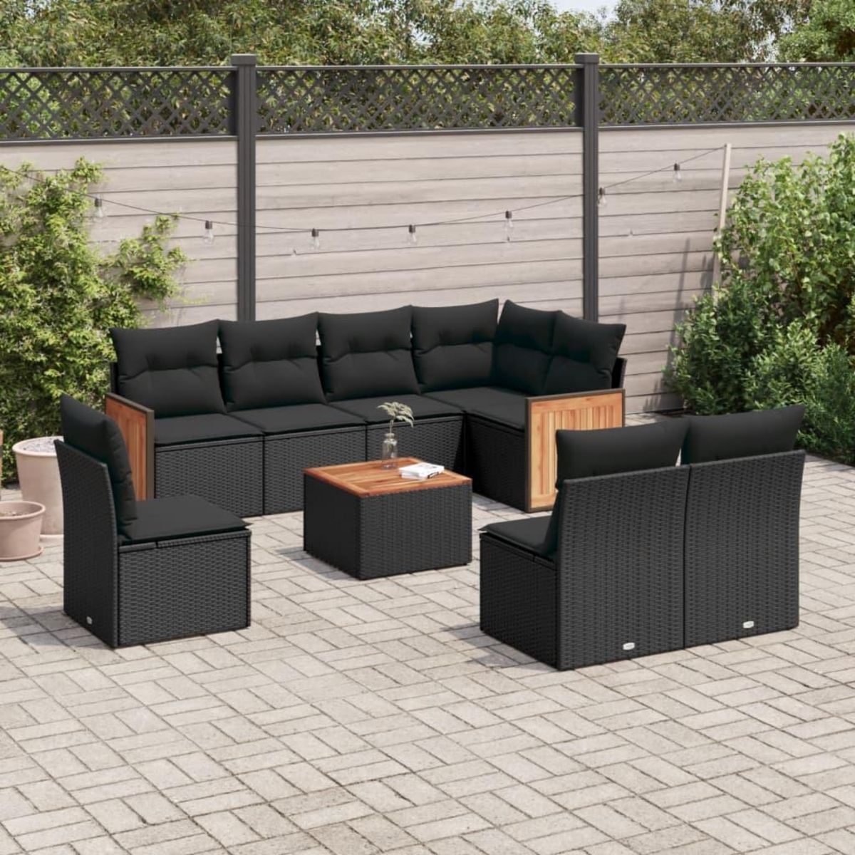 VIDAXL Salon de jardin 9 pcs avec coussins noir resine tressee