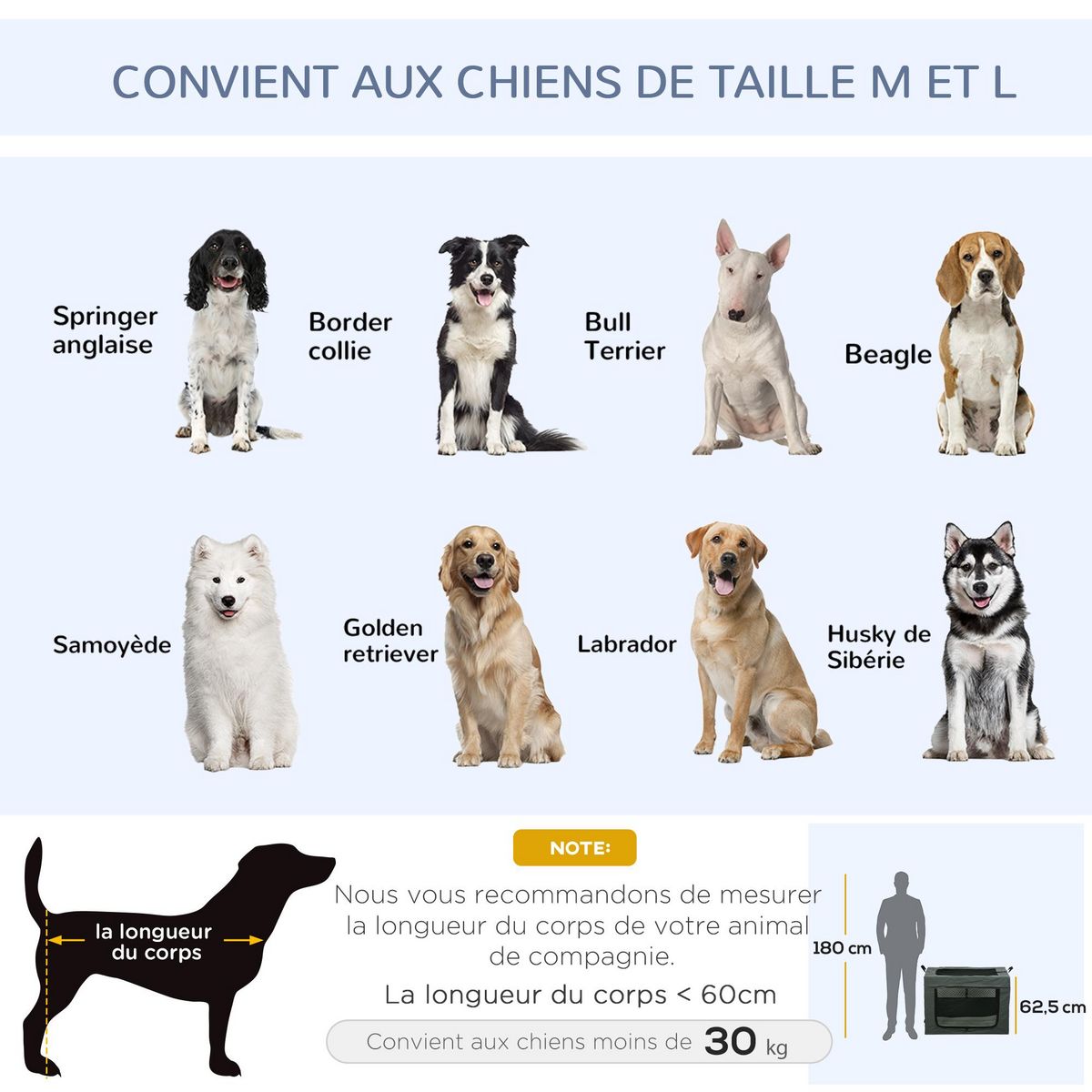 PAWHUT Sac de transport pliable pour chien chat - 2 poignées, 3 portes - dim. 89L x 62l x 62H cm - acier polyester gris