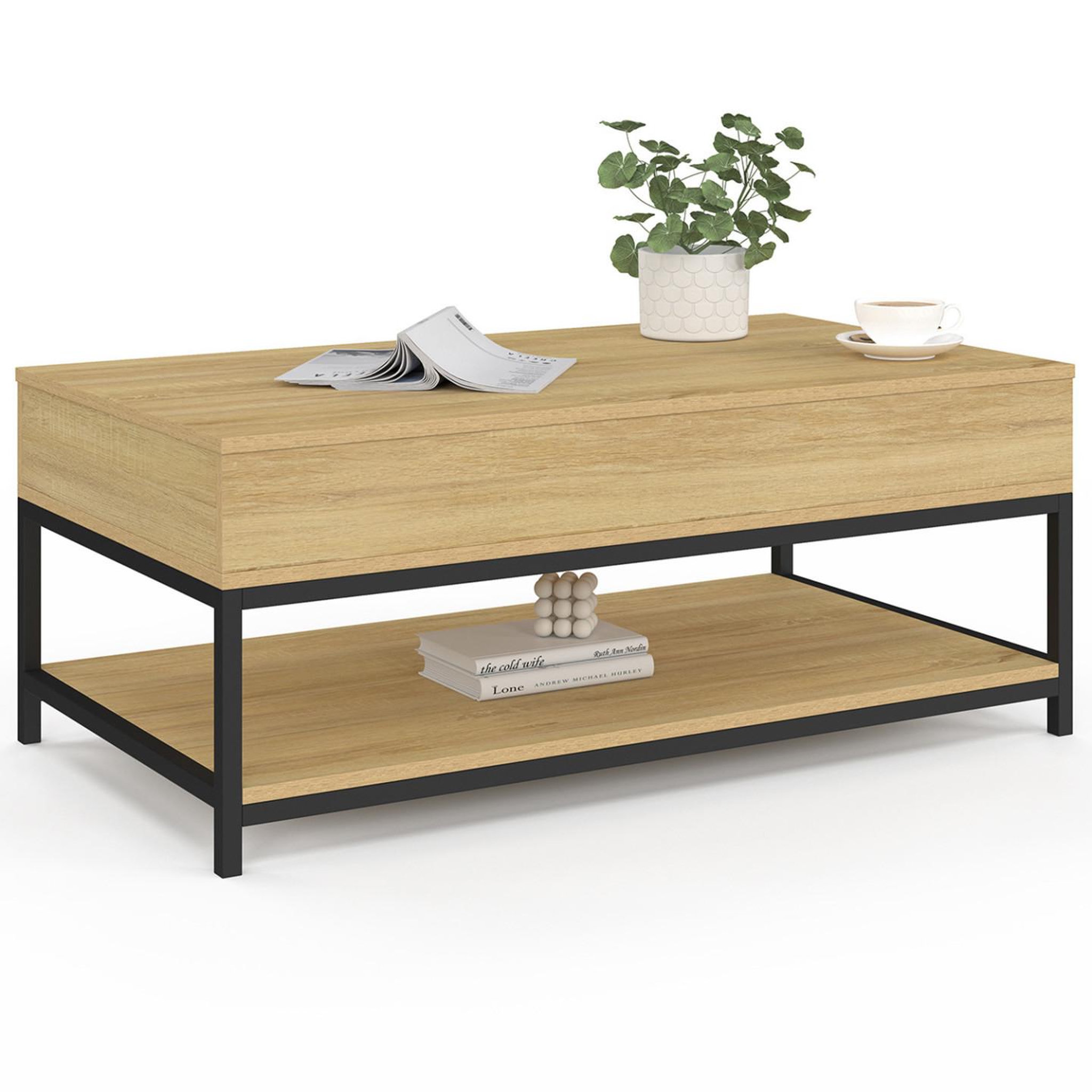 Voir la diapositive 5 : ID MARKET Table basse plateau relevable rectangulaire detroit 100 cm et étagère inférieure design industriel