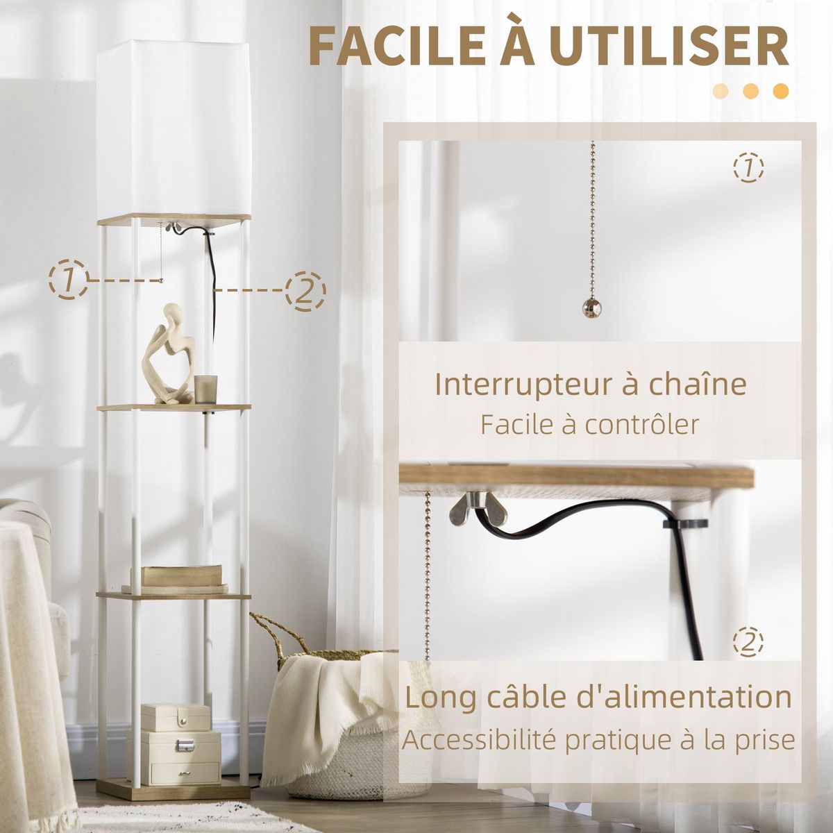 HOMCOM Lampadaire étagère design 26L x 26l x 159H cm 3 étagères E27 MDF blanc