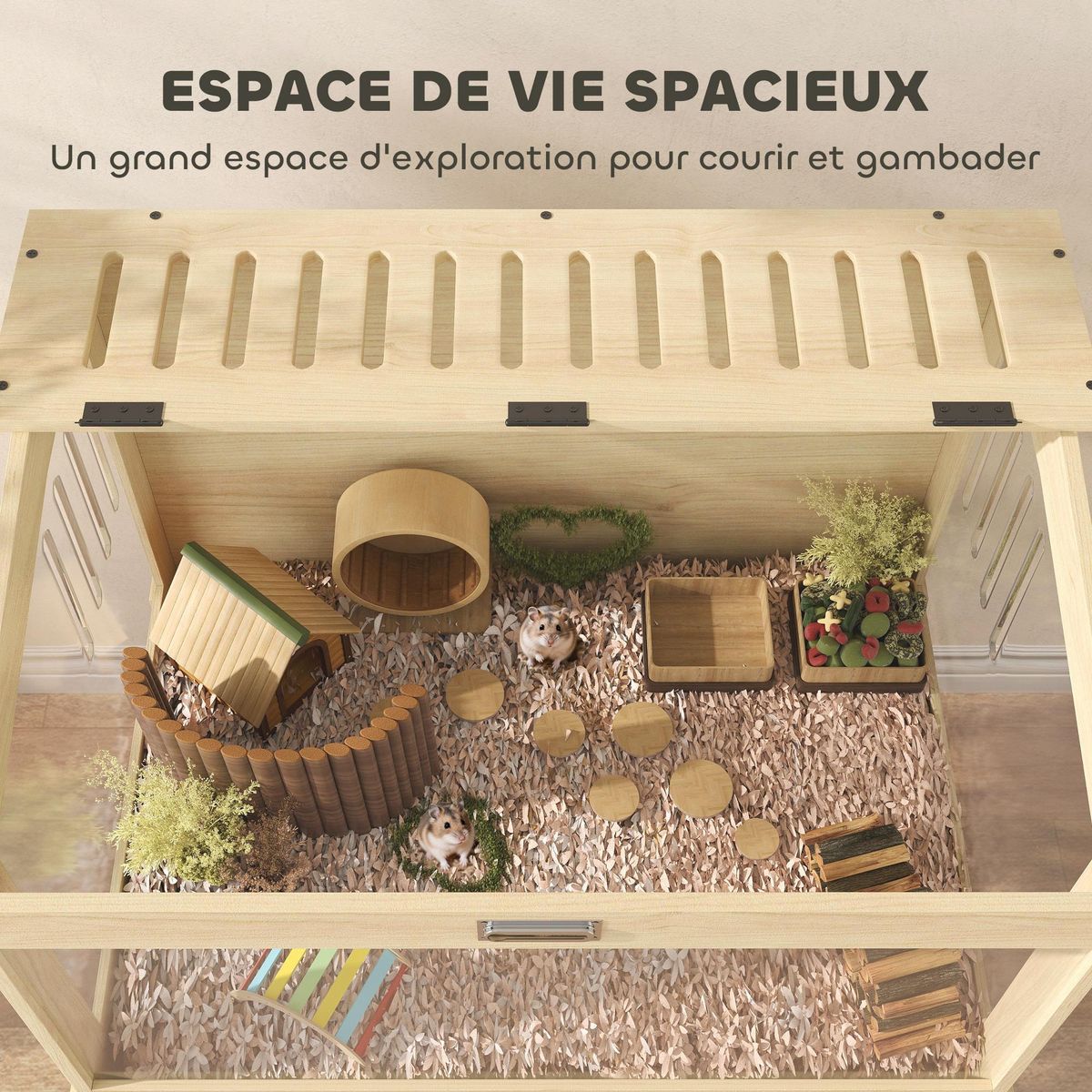 PAWHUT Cage à hamster rongeur en bois - toit ouvrant verrouillable, fenêtres acrylique, étagère - dim. 83 x 50 x 103 cm - MDF effet bois