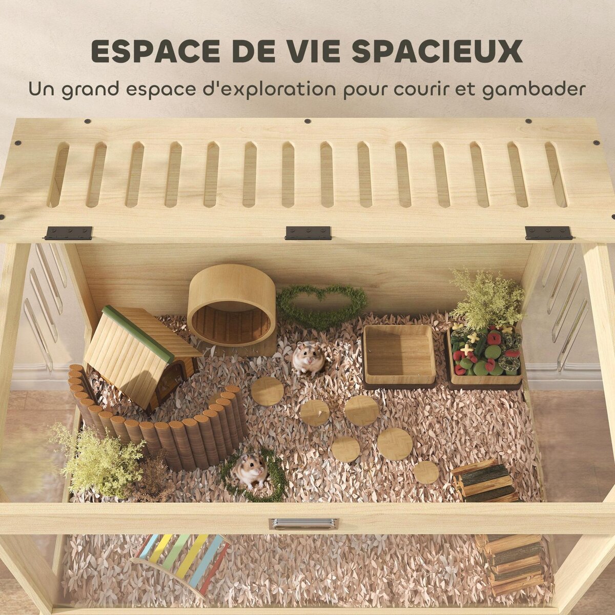PAWHUT Cage à hamster rongeur en bois - toit ouvrant verrouillable, fenêtres acrylique, étagère - dim. 83 x 50 x 103 cm - MDF effet bois