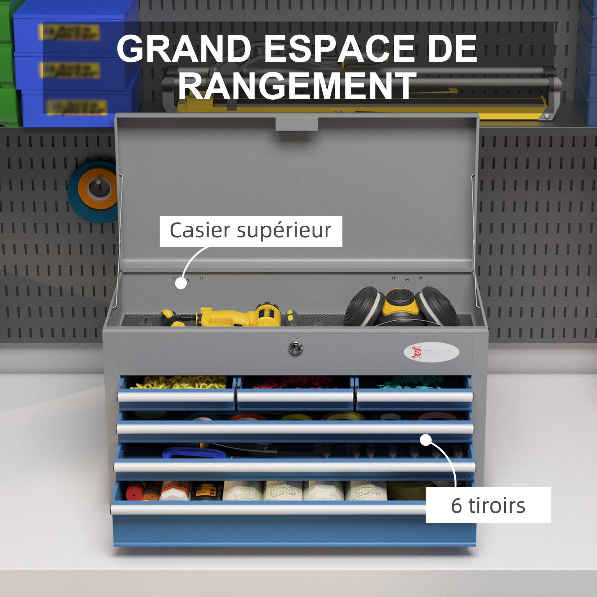 Voir la diapositive 6 : HOMCOM Boite à outils métallique caisse à outils - 6 tiroirs + plateau verrouillables - tapis eva poignées tôle acier gris bleu