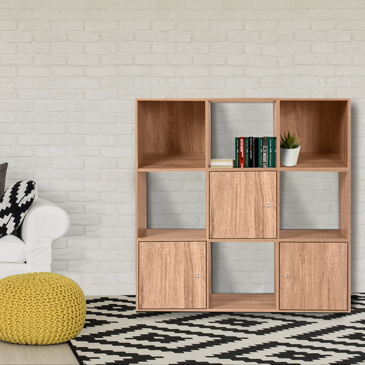 ID MARKET Meuble de rangement cube RUDY 9 cases bois façon hêtre avec 3 portes