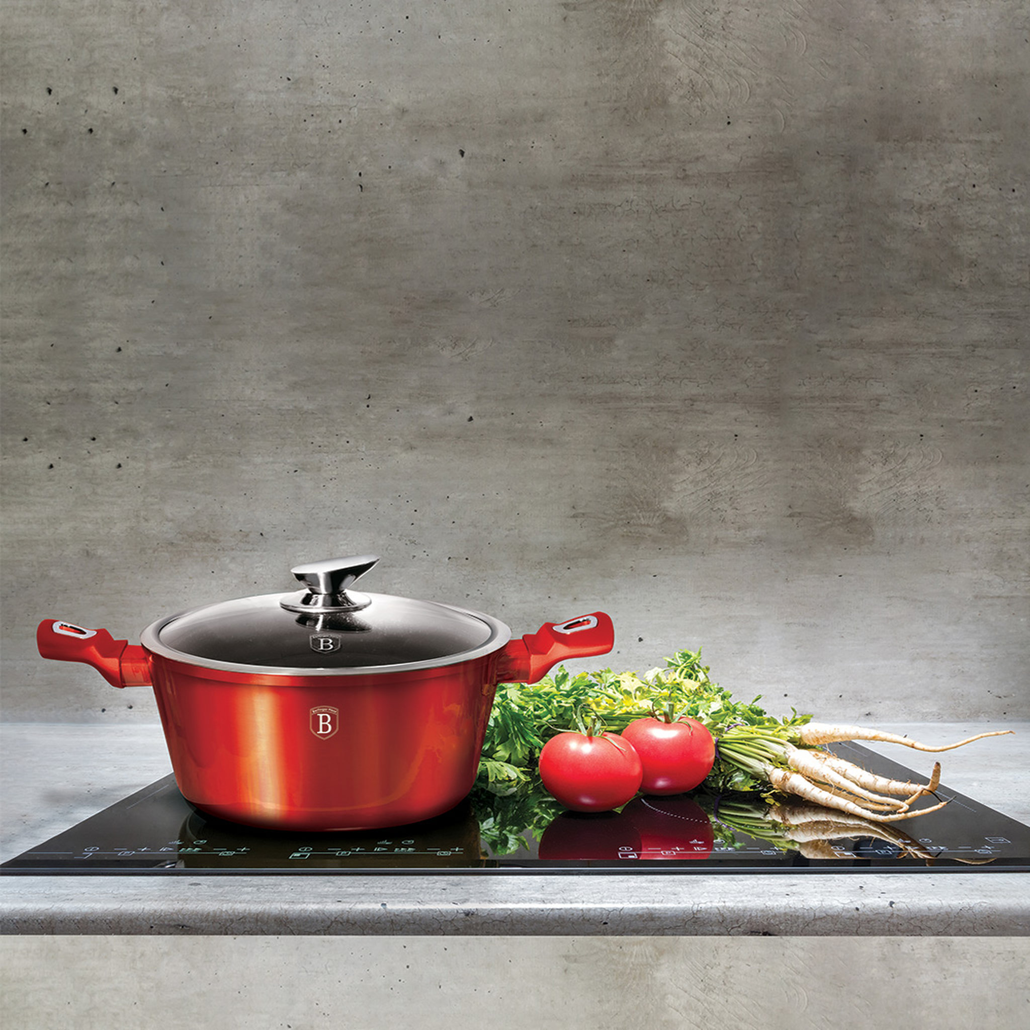 Voir la diapositive 5 : BERLINGER HAUS Lot faitout 24 cm + poêle 24 cm induction Aluminium forgé rouge métal 