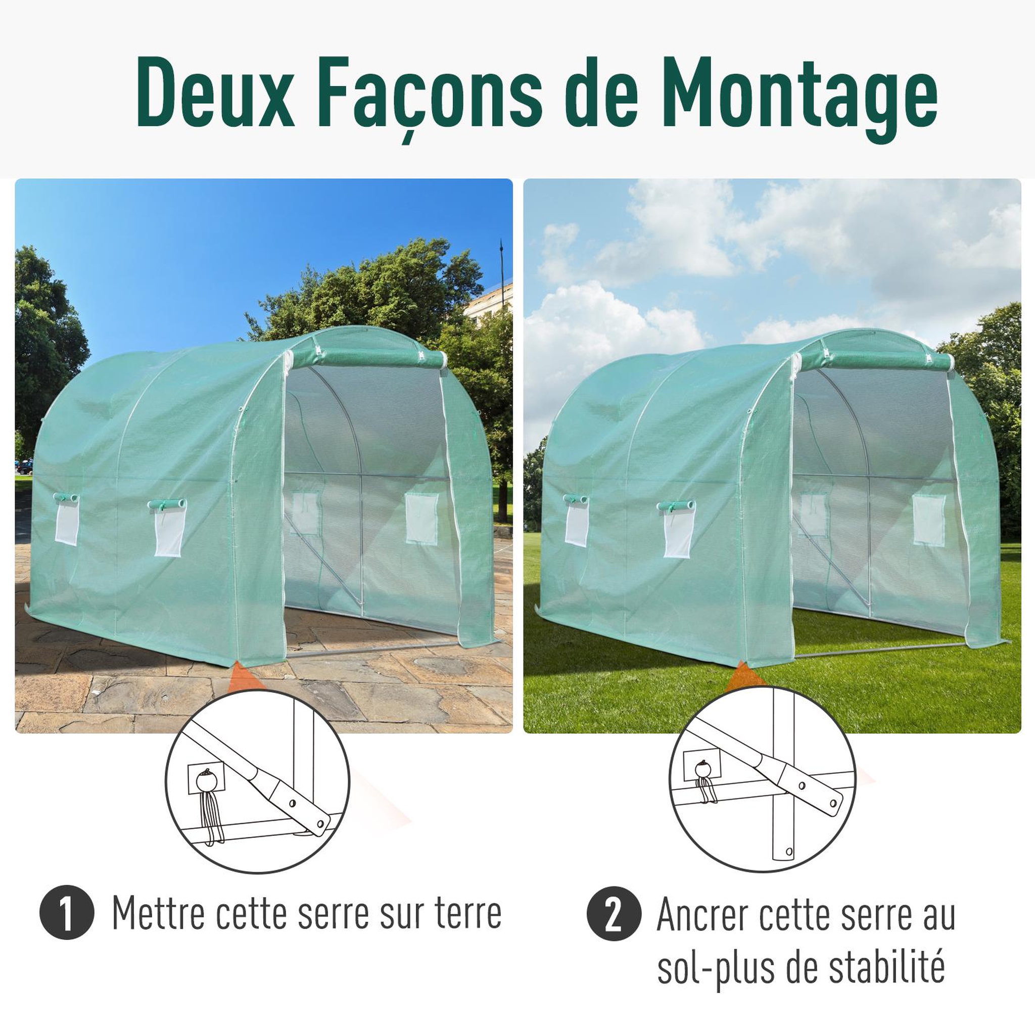 Voir la diapositive 4 : OUTSUNNY Serre de jardin tunnel surface sol 6 m² 3l x 2l x 2,10h m châssis tubulaire renforcé porte zippée 4 fenêtres enroulables vert