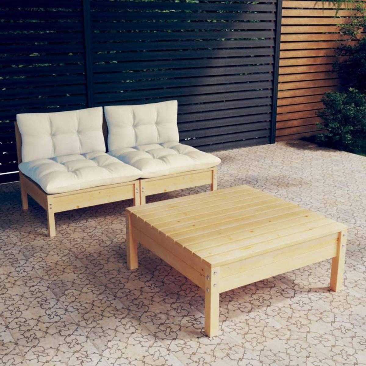 VIDAXL Salon de jardin 3 pcs avec coussins creme bois de pin