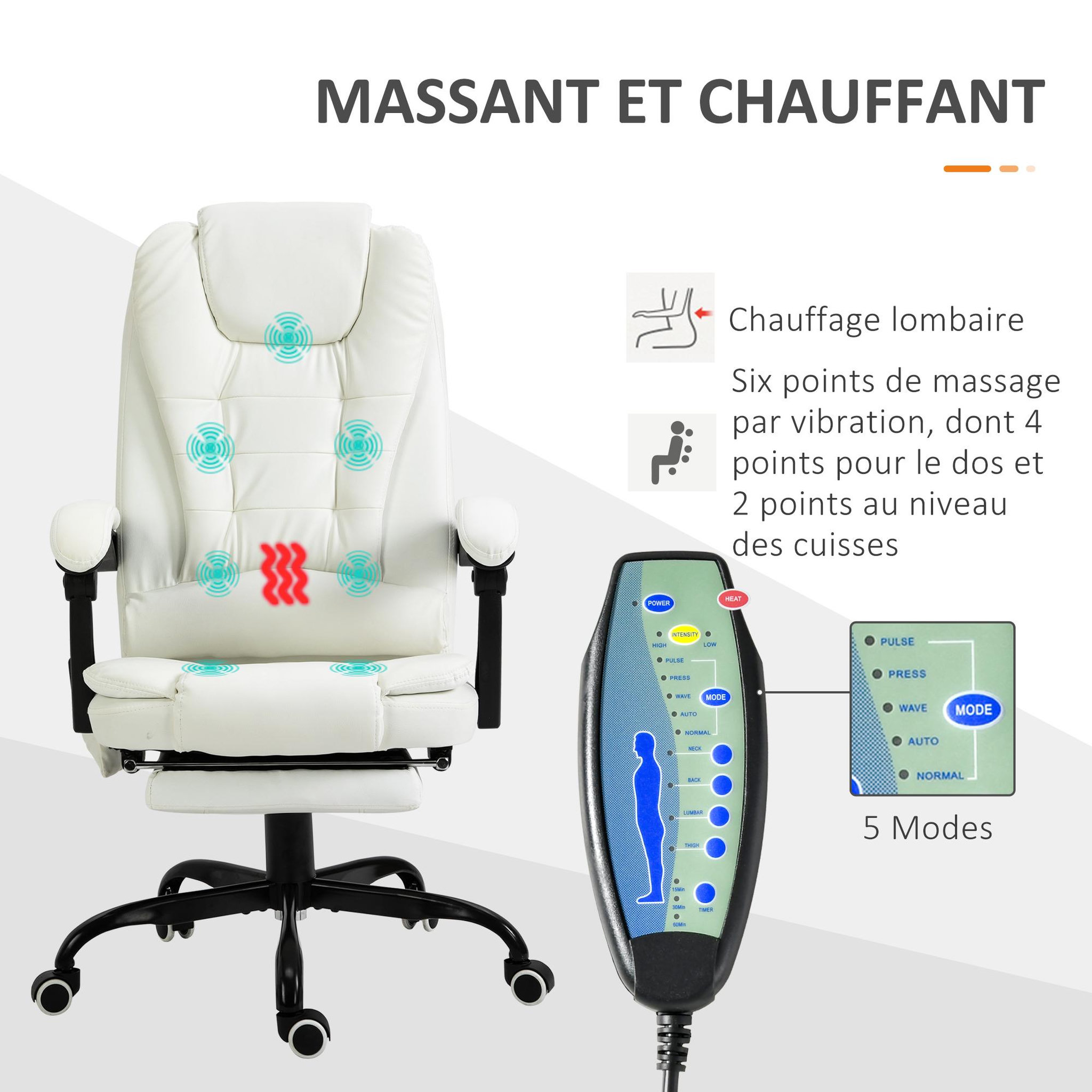 Voir la diapositive 4 : VINSETTO Vinsetto Fauteuil de bureau direction massant hauteur réglable dossier inclinable repose-pied + coussin lombaires intégrés revêtement synthétique blanc