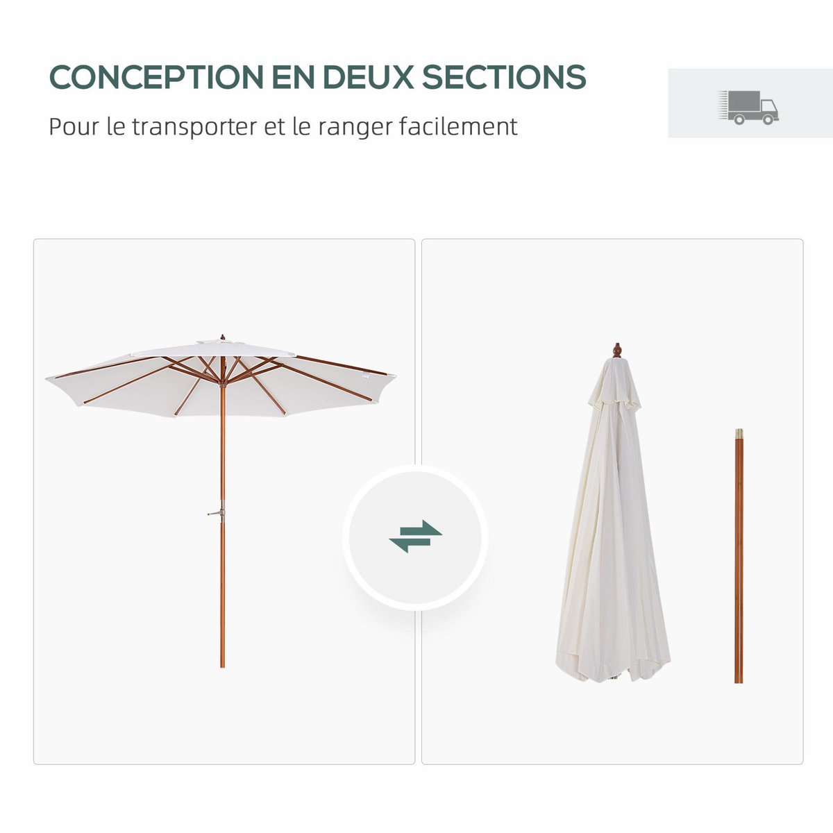 OUTSUNNY Parasol droit octogonal dia. 2,7 x 2,5 m - manivelle - bois toile haute densité 180g/m² crème