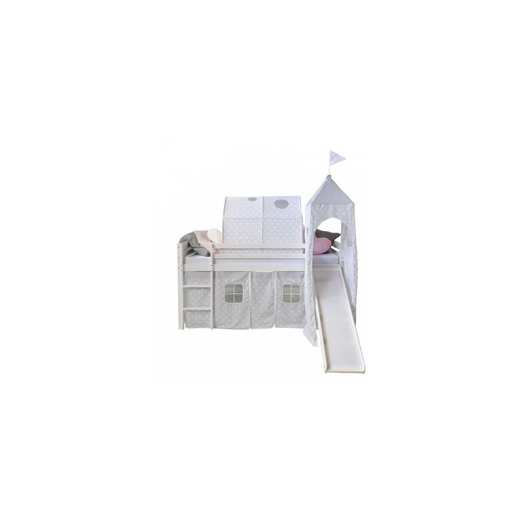 Voir la diapositive 1 : HomeStyle4U Lit mezzanine 90x200 avec toboggan + echelle + rideau + tour et tunnel gris etoile