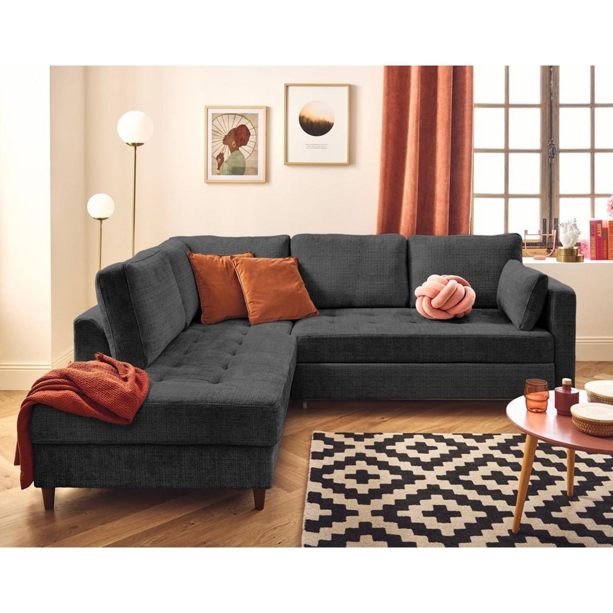 LISA DESIGN Anna - canapé d'angle gauche 5 places convertible en velours texturé