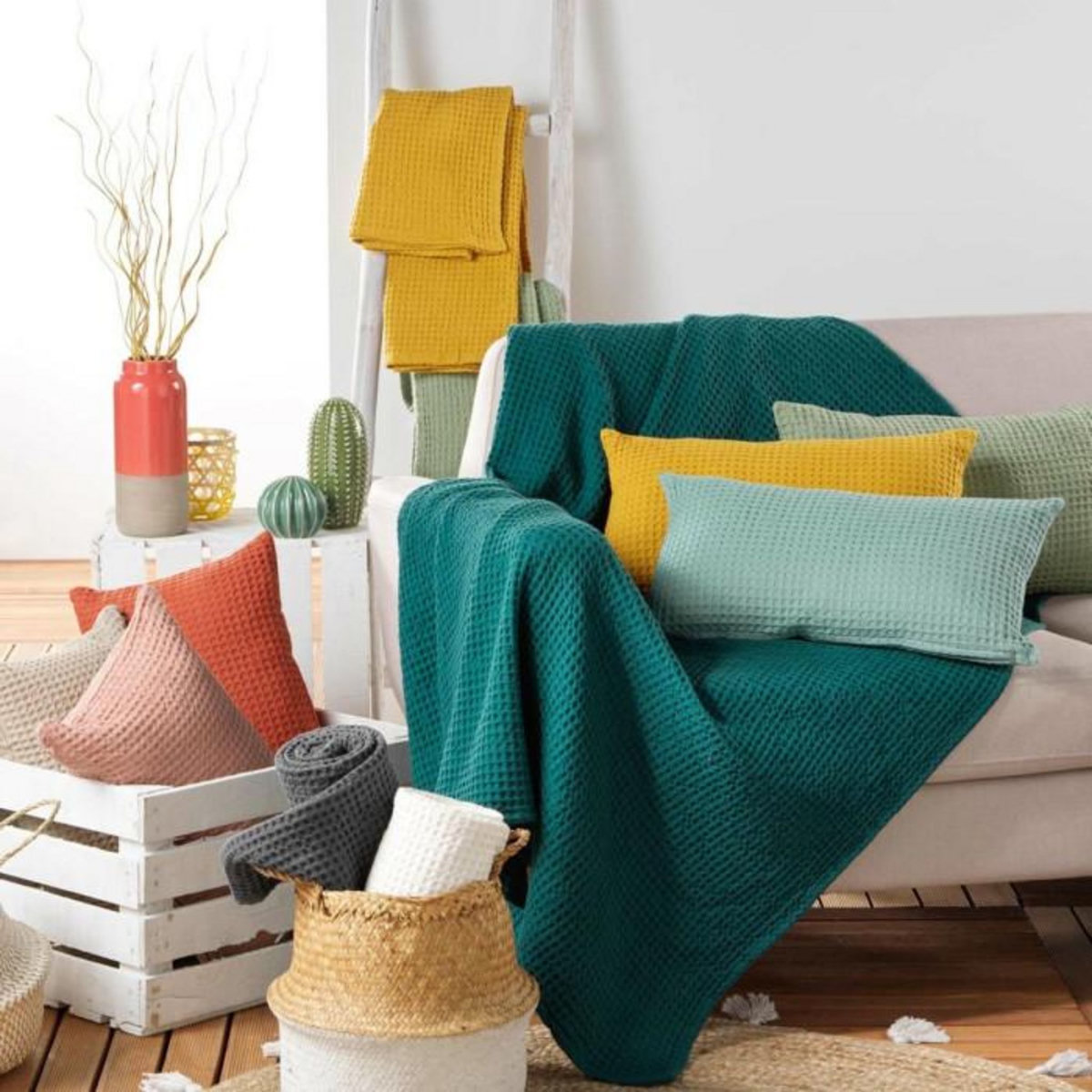 Paris Prix Plaid Nid d'Abeille Uni  Gaufrette  125x150cm Pétrole