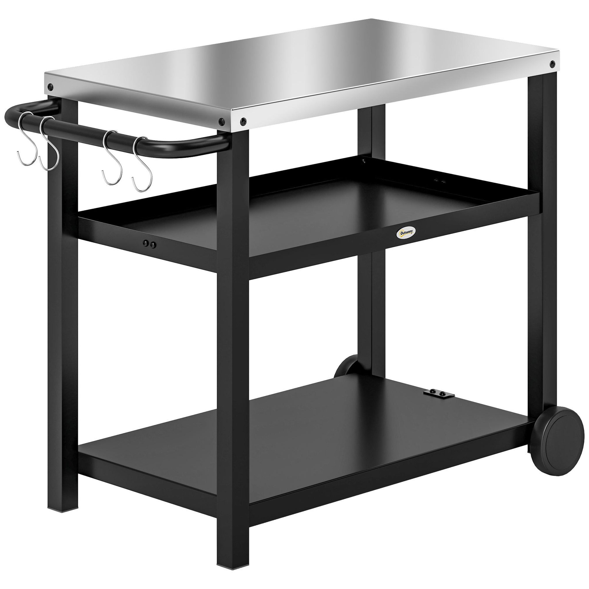 Voir la diapositive 1 : OUTSUNNY Desserte jardin - chariot pour plancha barbecue - 2 étagères, 4 + 1 crochets - métal gris plateau acier inox
