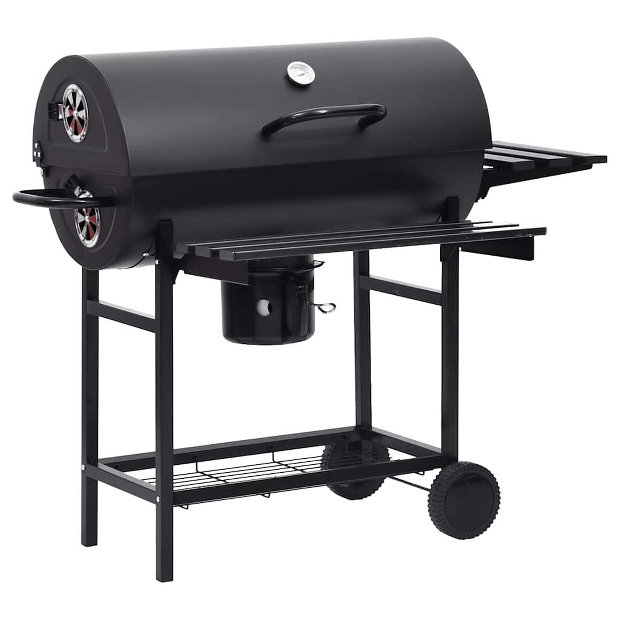 Voir la diapositive 2 : VIDAXL Gril a baril avec roues et etageres Noir Acier 115x85x95 cm