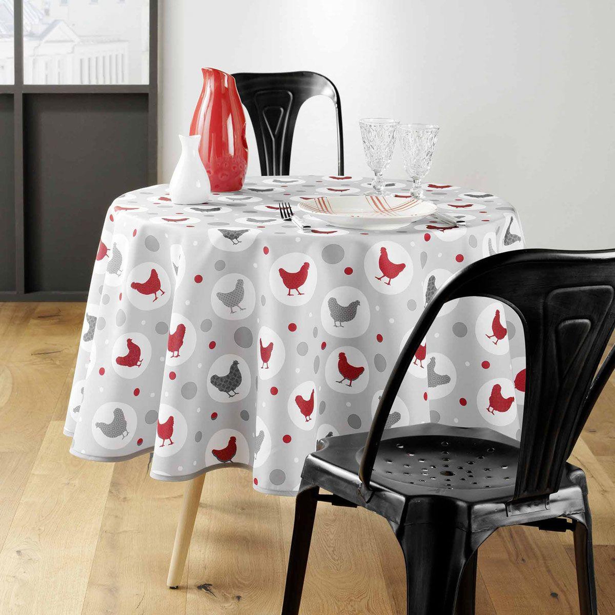 Voir la diapositive 2 : Douceur d'Intérieur Nappe ronde toile cirée  suzette  160cm gris & rouge