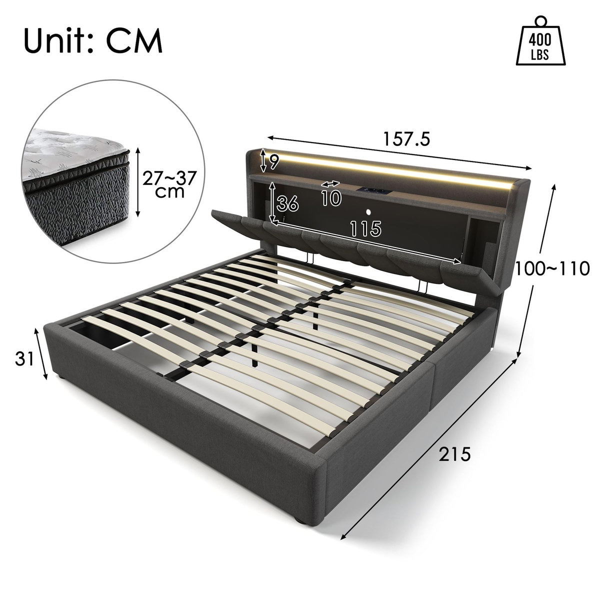 MERAX Lit coffre Tête de lit avec rangement, USB et éclairage LED Lin Gris