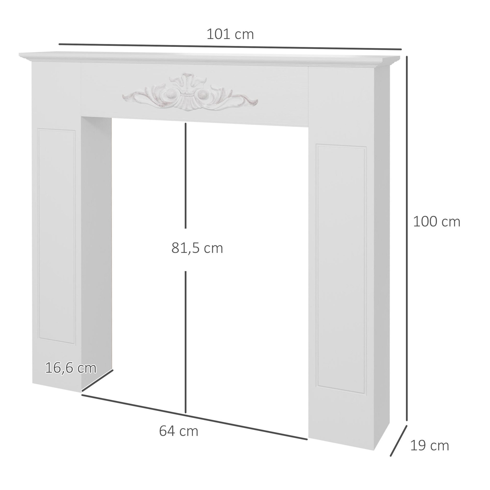 Voir la diapositive 3 : HOMCOM Manteau de cheminée style baroque - dim. 101l x 19l x 100h cm - bois de sapin blanc effet vieilli