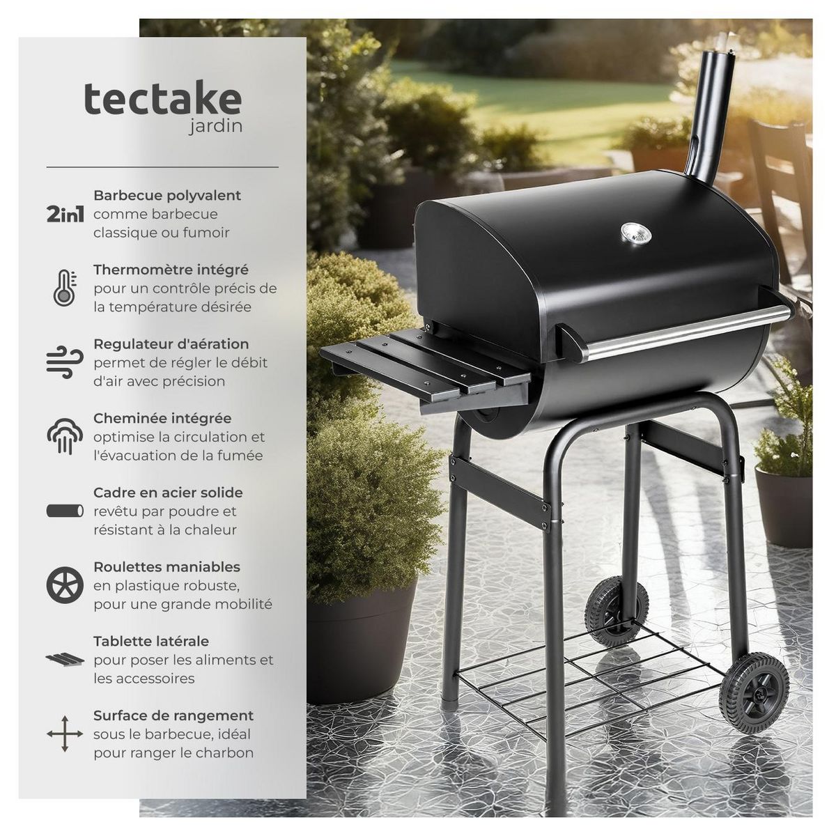 tectake Barbecue charbon avec thermomètre équipé de 2 roues pour un piètement stable noir