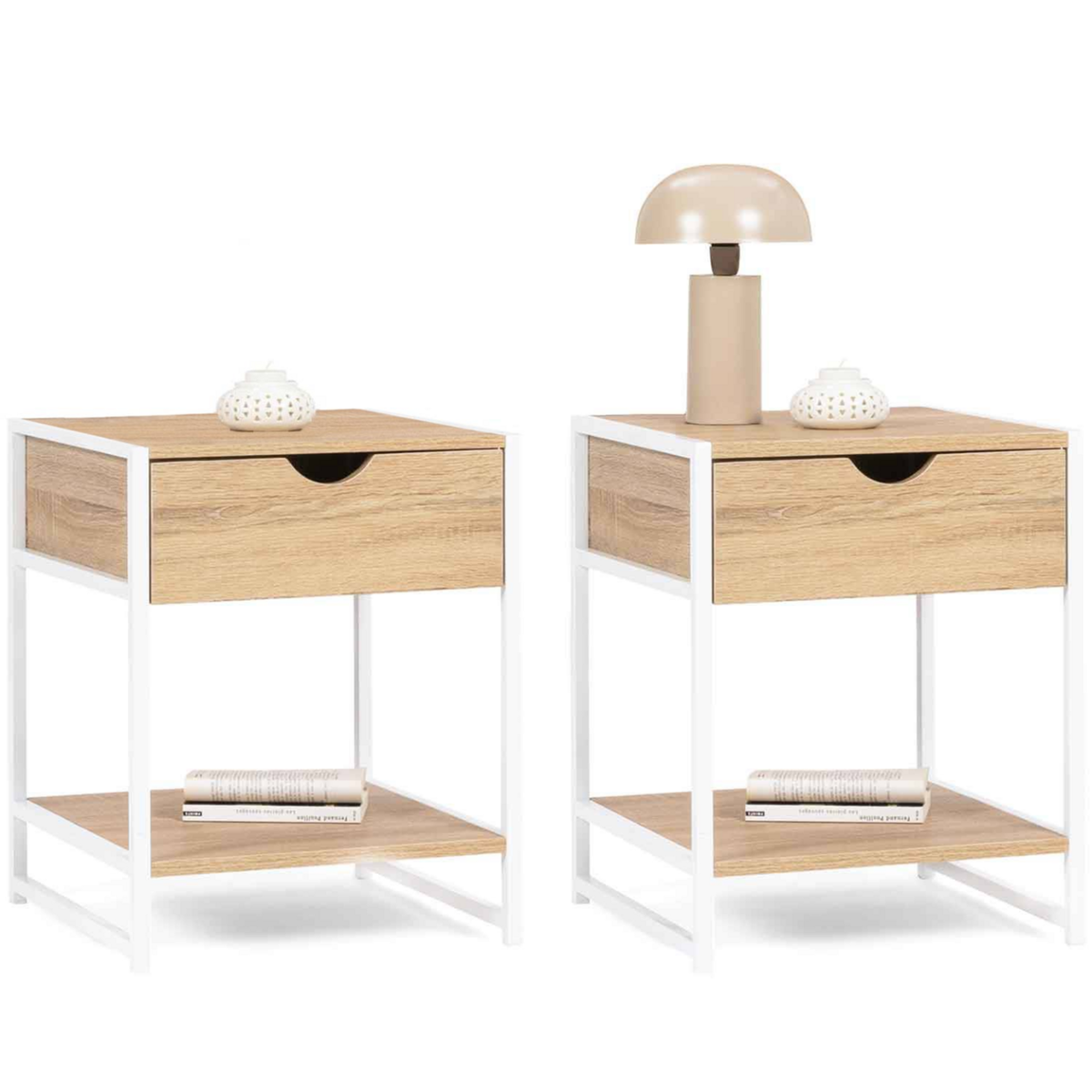 ID MARKET Lot de 2 tables de chevet DETROIT 1 tiroir avec tablette bois et métal blanc design industriel