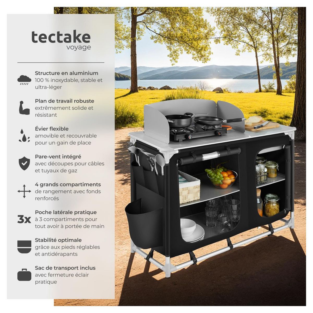 tectake Cuisine de camping luxe avec 4 compartiments pliable noir