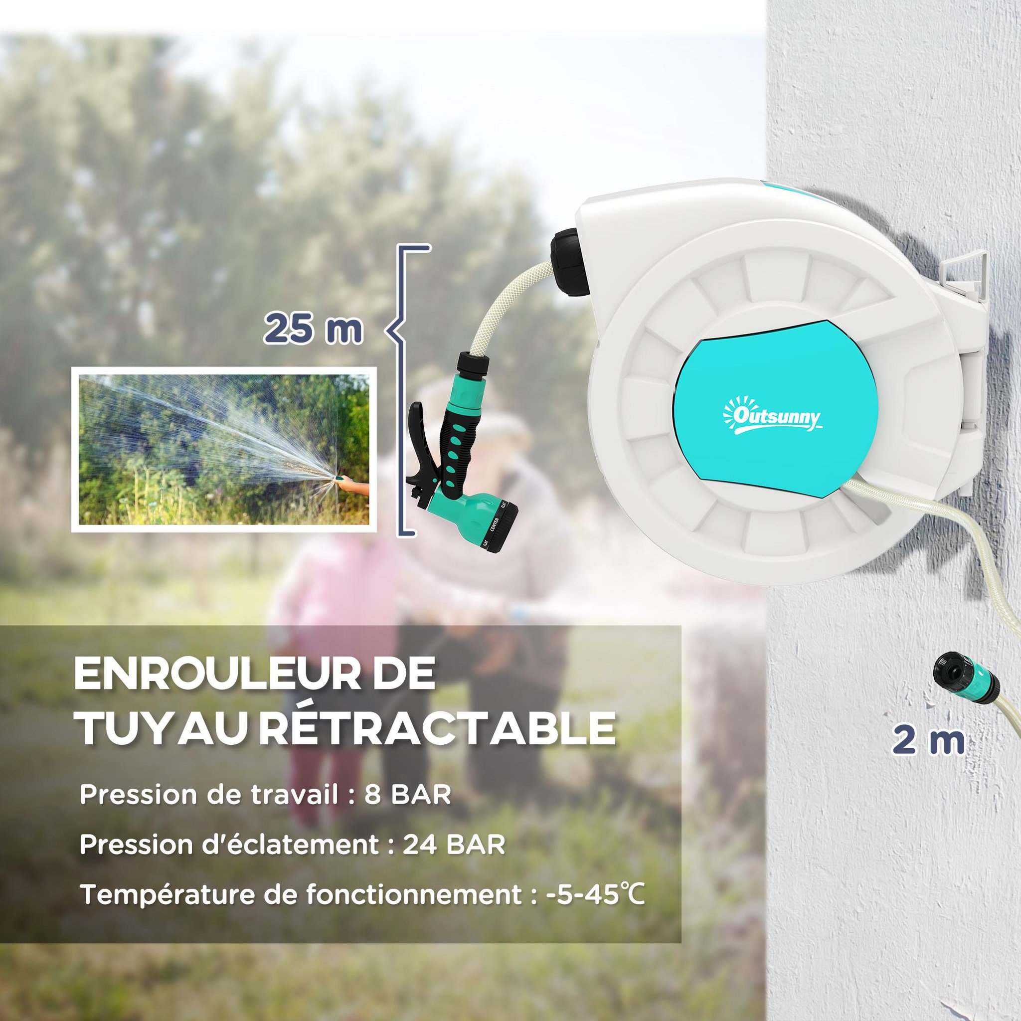Voir la diapositive 4 : OUTSUNNY Dévidoir mural enrouleur automatique pivotant 180° tuyau 25 + 2 m avec lance arrosage 7 modes support mural intégré gris clair bleu
