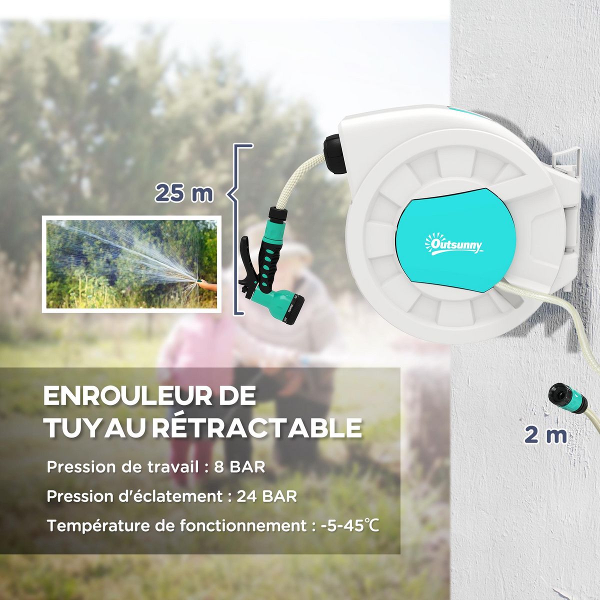 OUTSUNNY Dévidoir mural enrouleur automatique pivotant 180° tuyau 25 + 2 m avec lance arrosage 7 modes support mural intégré gris clair bleu