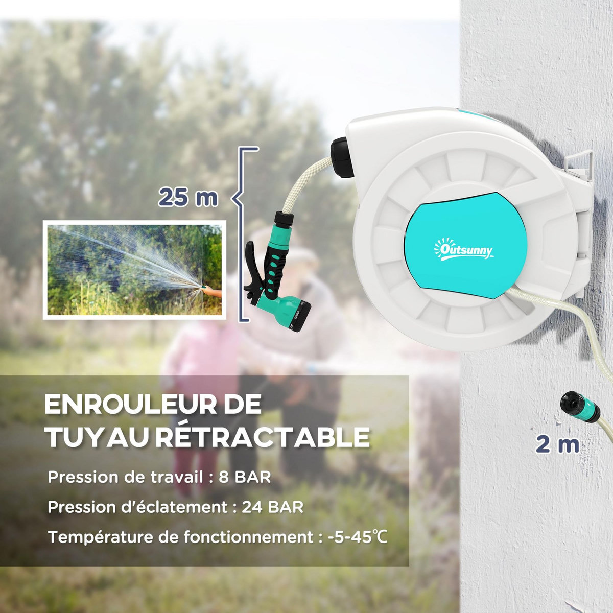 OUTSUNNY Dévidoir mural enrouleur automatique pivotant 180° tuyau 25 + 2 m avec lance arrosage 7 modes support mural intégré gris clair bleu