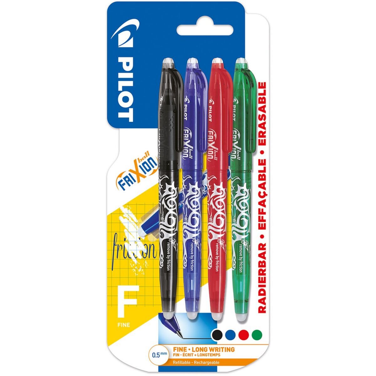 PILOT Lot de 4 stylos roller gel effaçable pointe fine FriXion Ball noir/ bleu/rouge/vert pas cher 